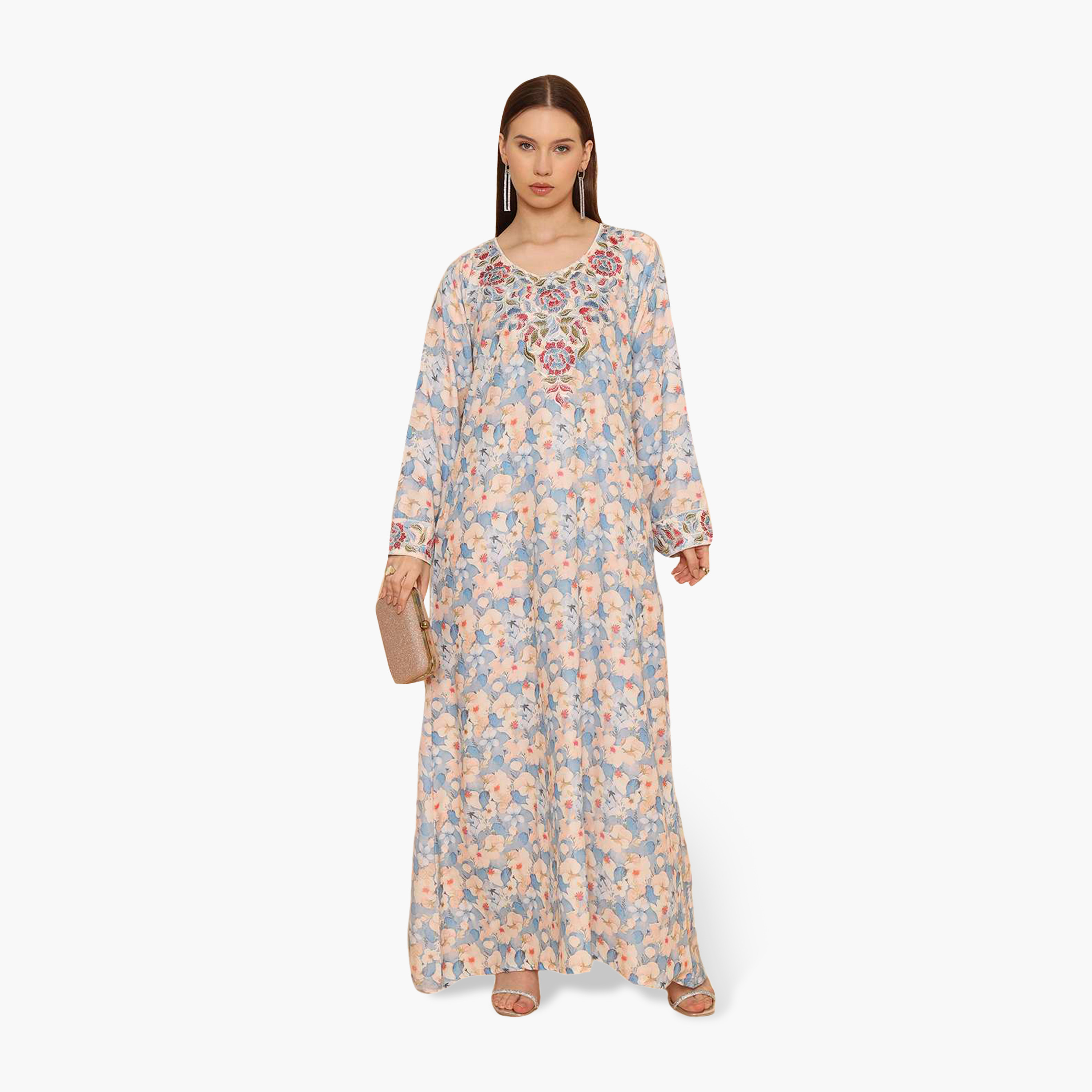 HanaandSara Floral Print Embroidered Yoke Women's Jalabiya-women-arabicclothing-jalabiyas-image-1