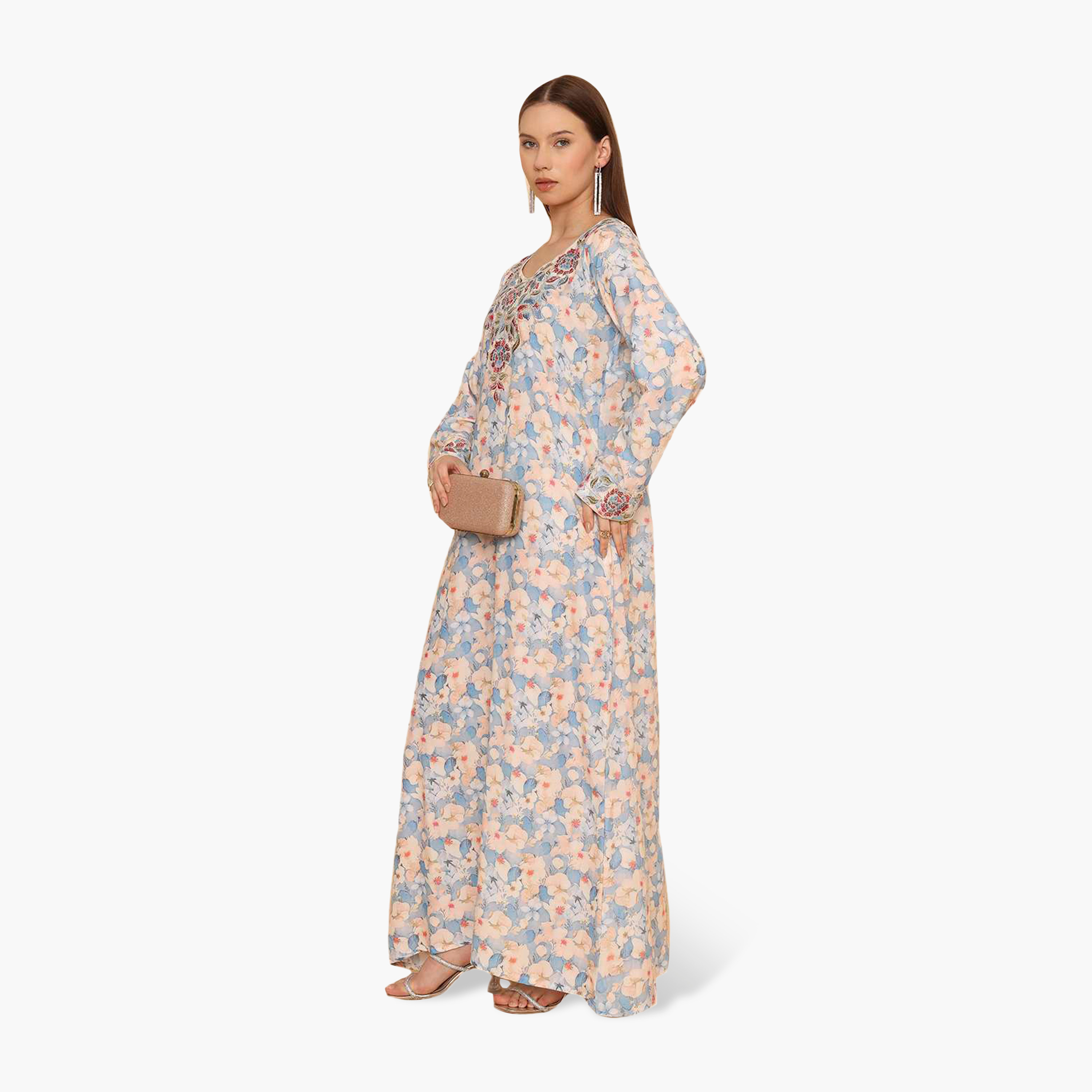 HanaandSara Floral Print Embroidered Yoke Women's Jalabiya-women-arabicclothing-jalabiyas-image-3
