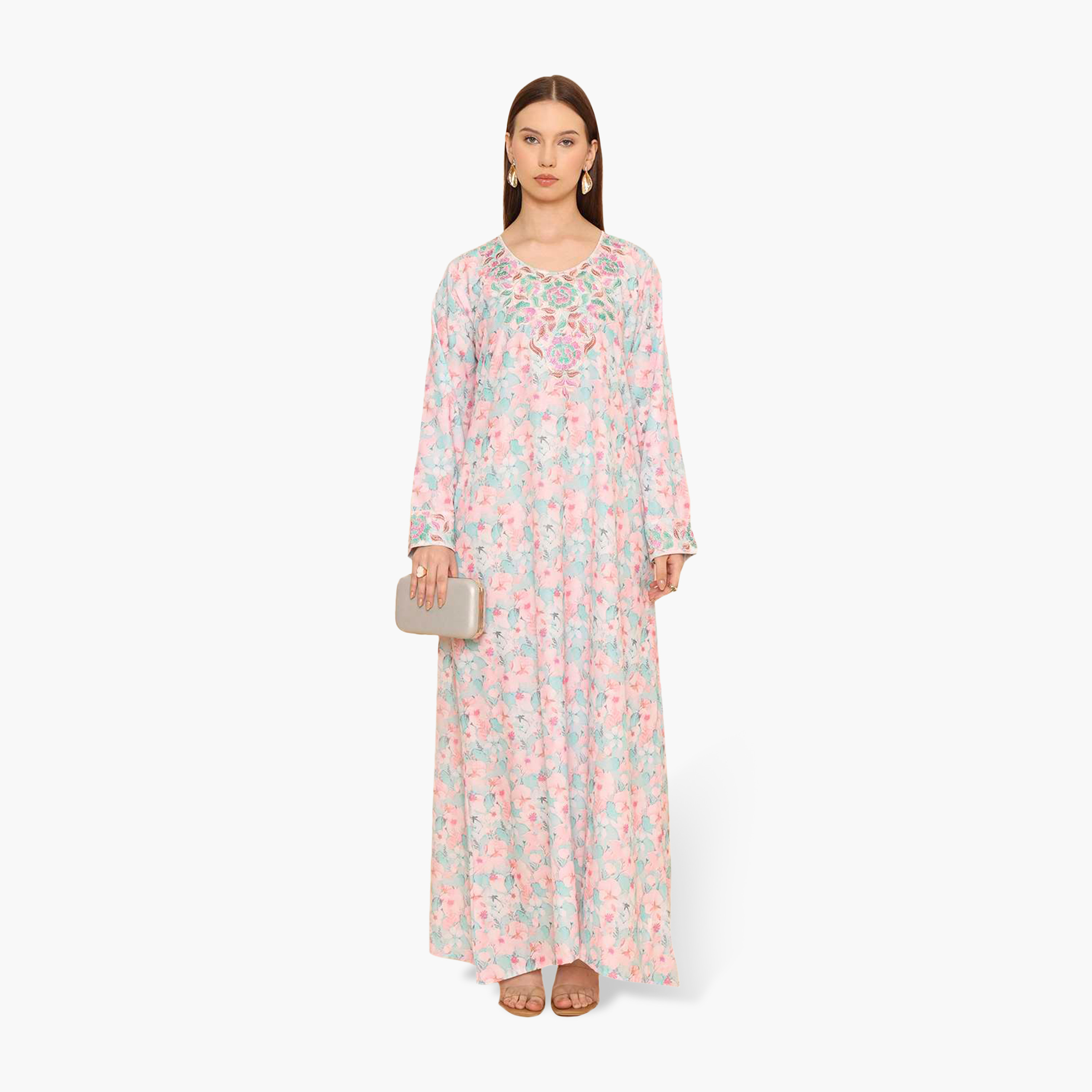 جلابية نسائية مطرزة بنقشة زهور من هنا اند سارة-women-arabicclothing-jalabiyas-image-1