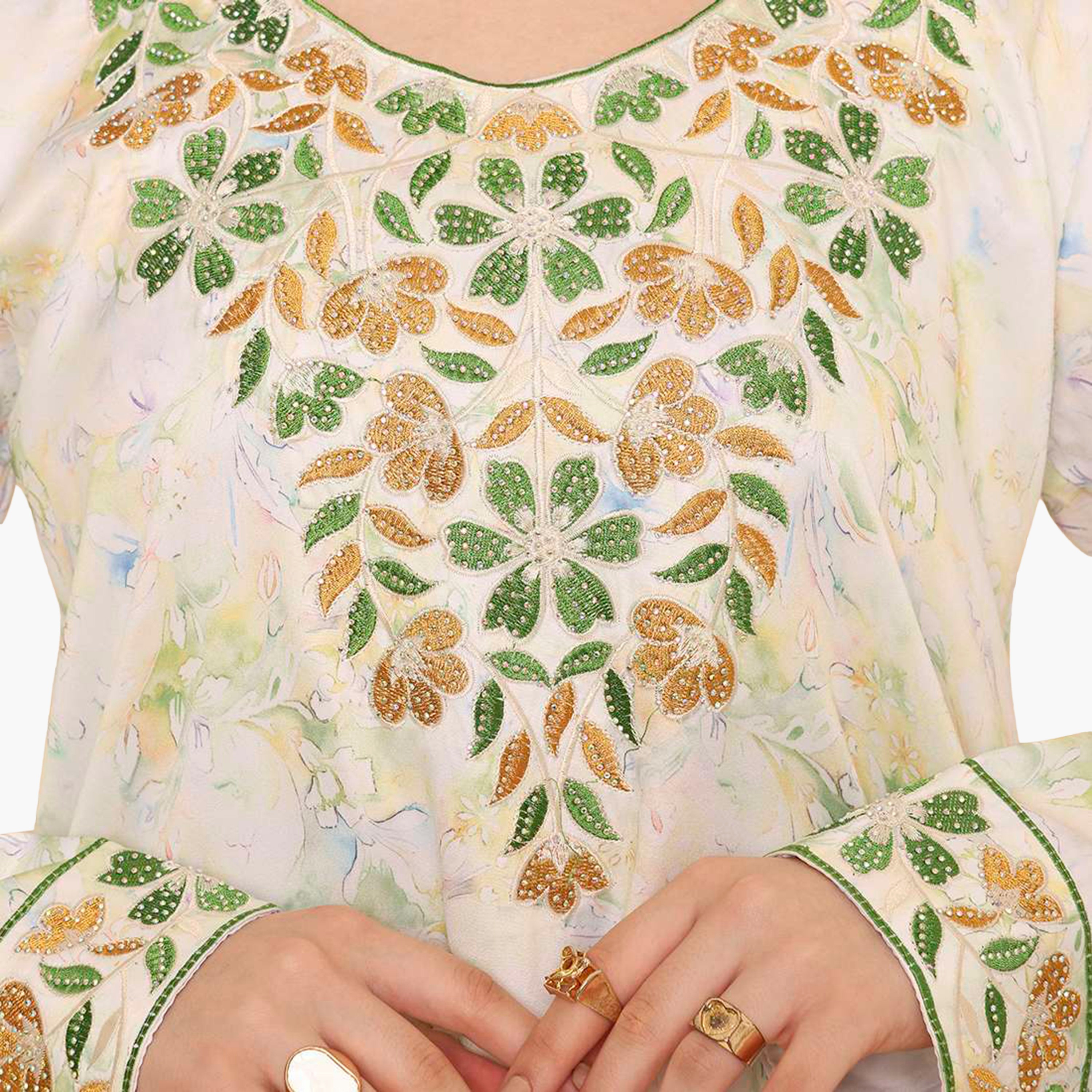 HanaandSara Floral Print Embroidered Yoke Women's Jalabiya-women-arabicclothing-jalabiyas-image-2