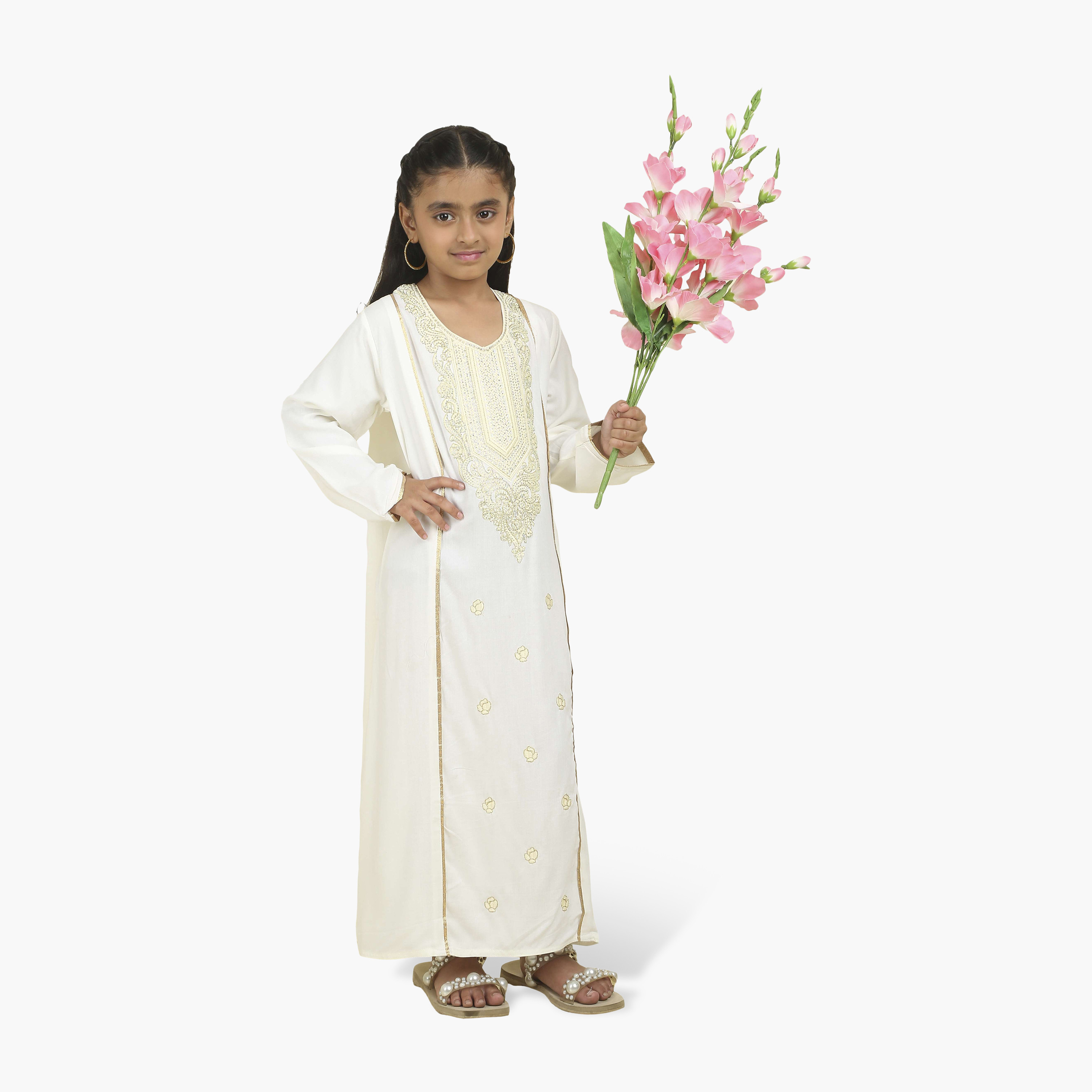 جلابية سهرة بناتي بصدرية مطرزة - أبيض من هنا أند سارة-girls-arabicclothing-jalabiyas-image-4
