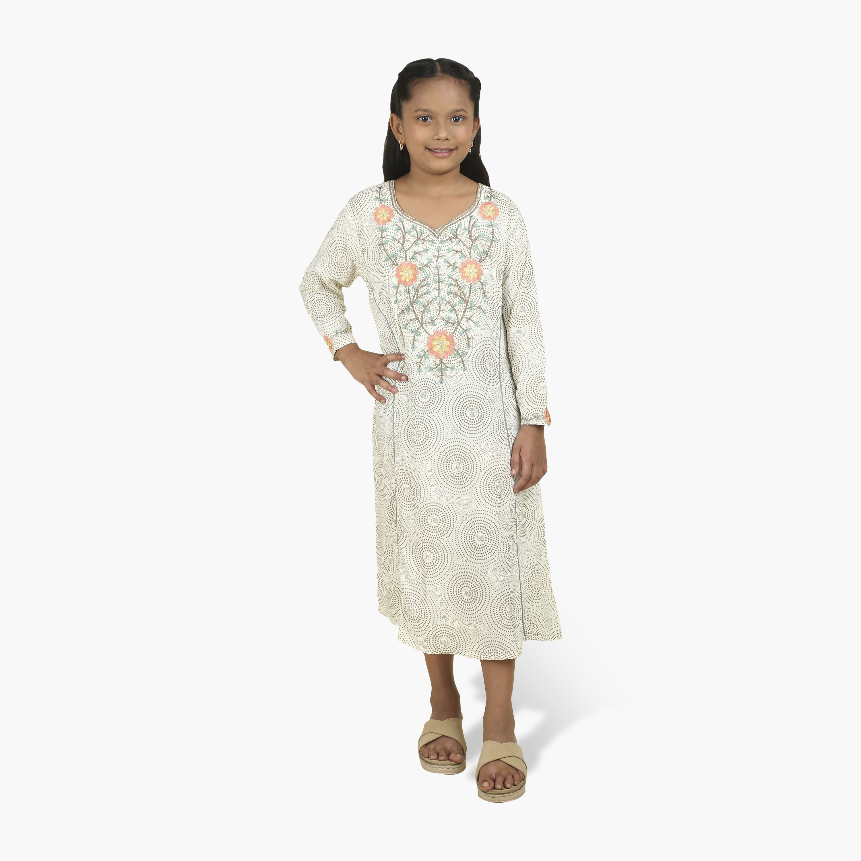 HanaandSara Geometric Print Embroidered Yoke Girls Jalabiya-girls-arabicclothing-jalabiyas-image-1