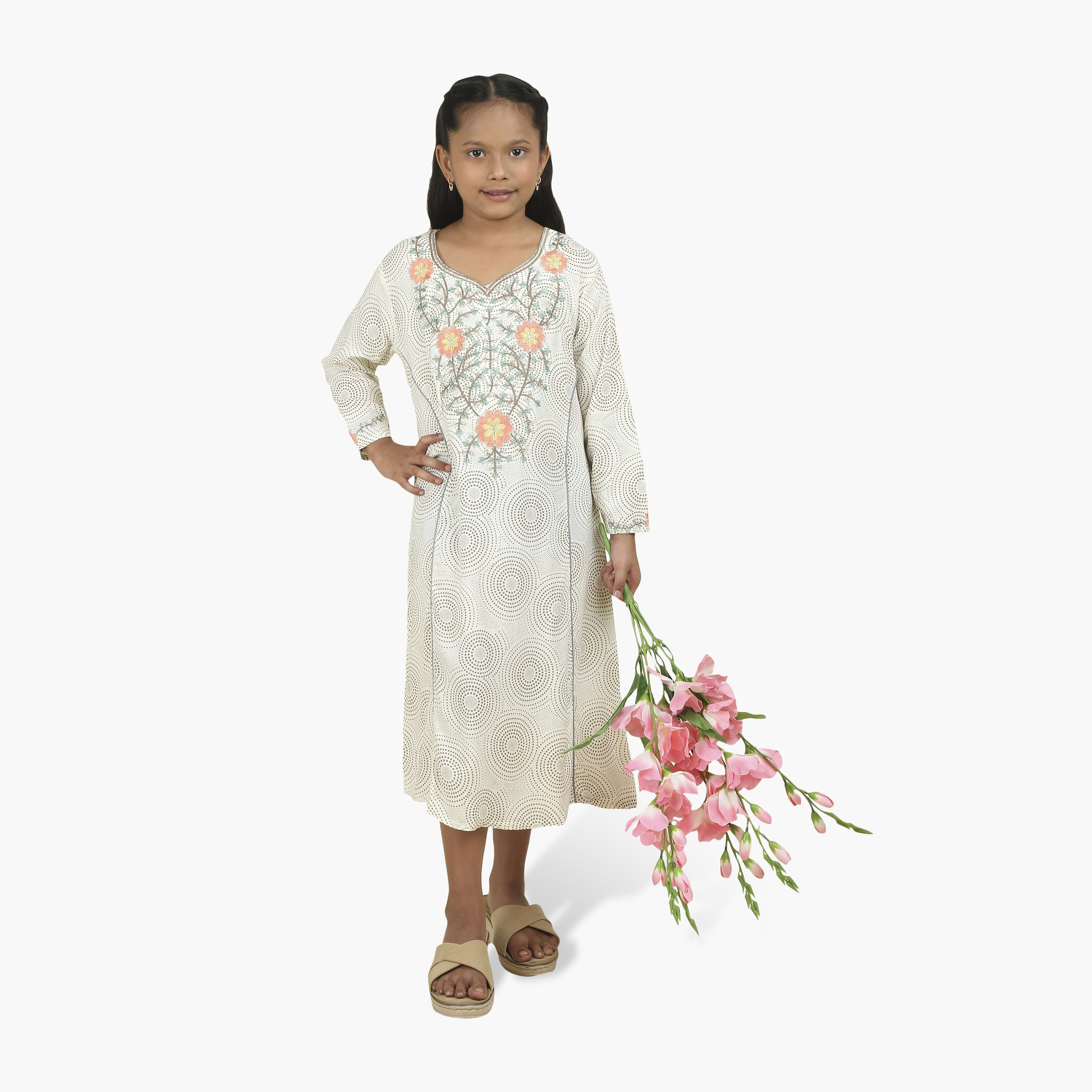 HanaandSara Geometric Print Embroidered Yoke Girls Jalabiya-girls-arabicclothing-jalabiyas-image-4