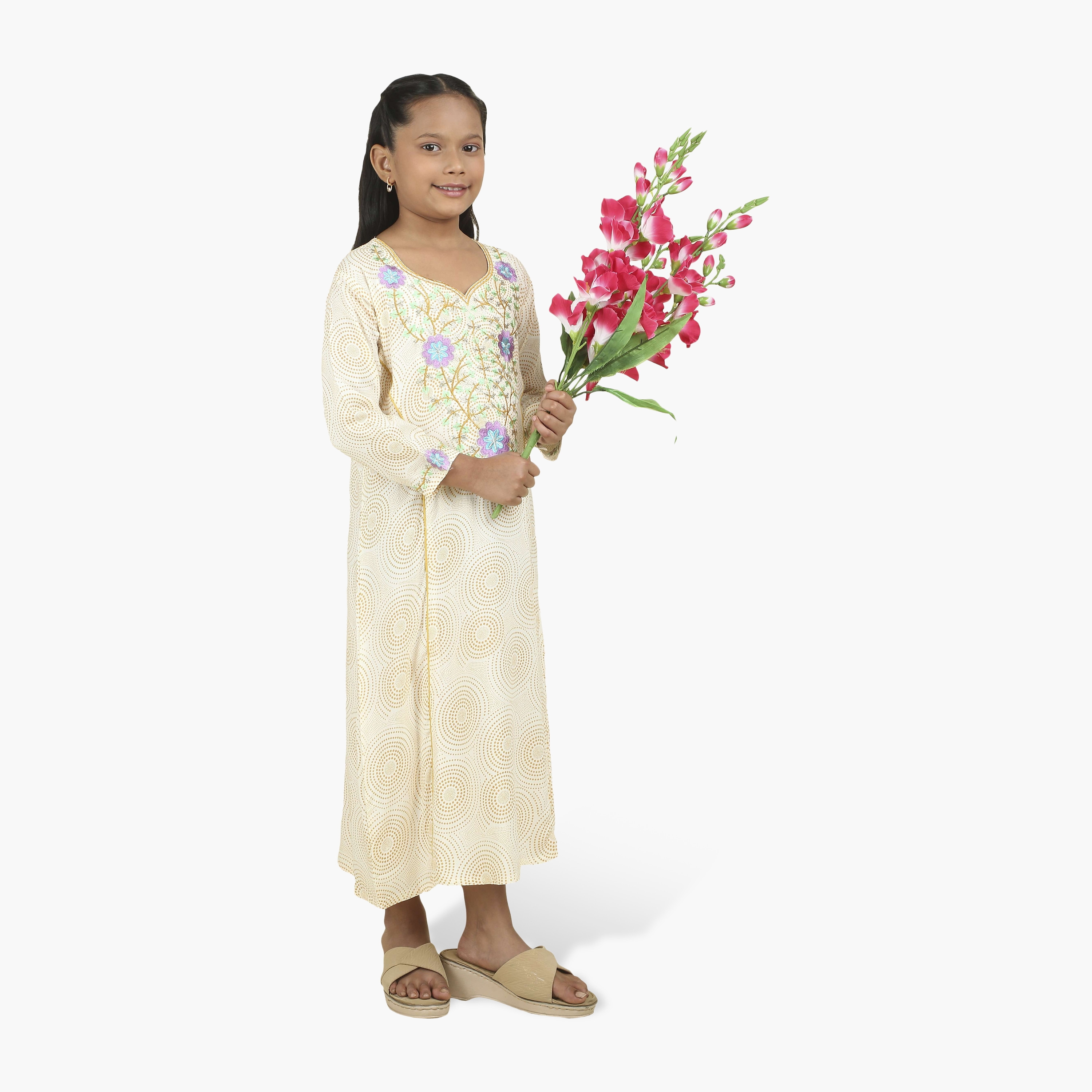 جلابية بناتي بصدرية مطرزة وطبعة هندسية من هنا أند سارة-girls-arabicclothing-jalabiyas-image-4