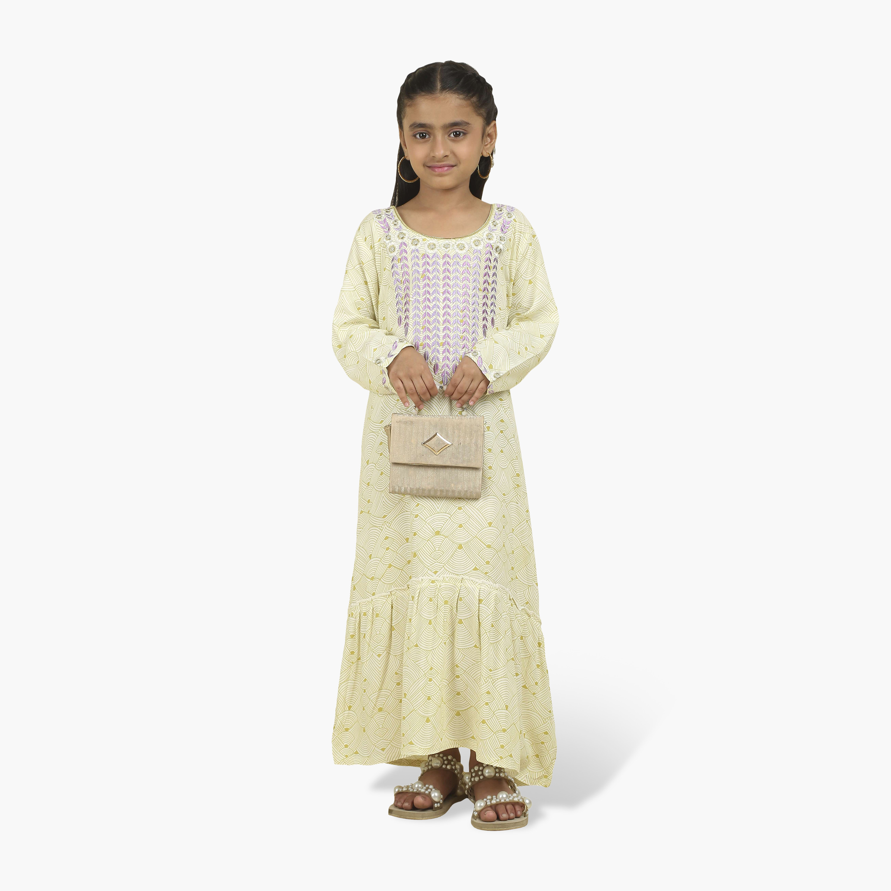 HanaandSara Geometric Print Embroidered Yoke Girls Jalabiya-girls-arabicclothing-jalabiyas-image-1