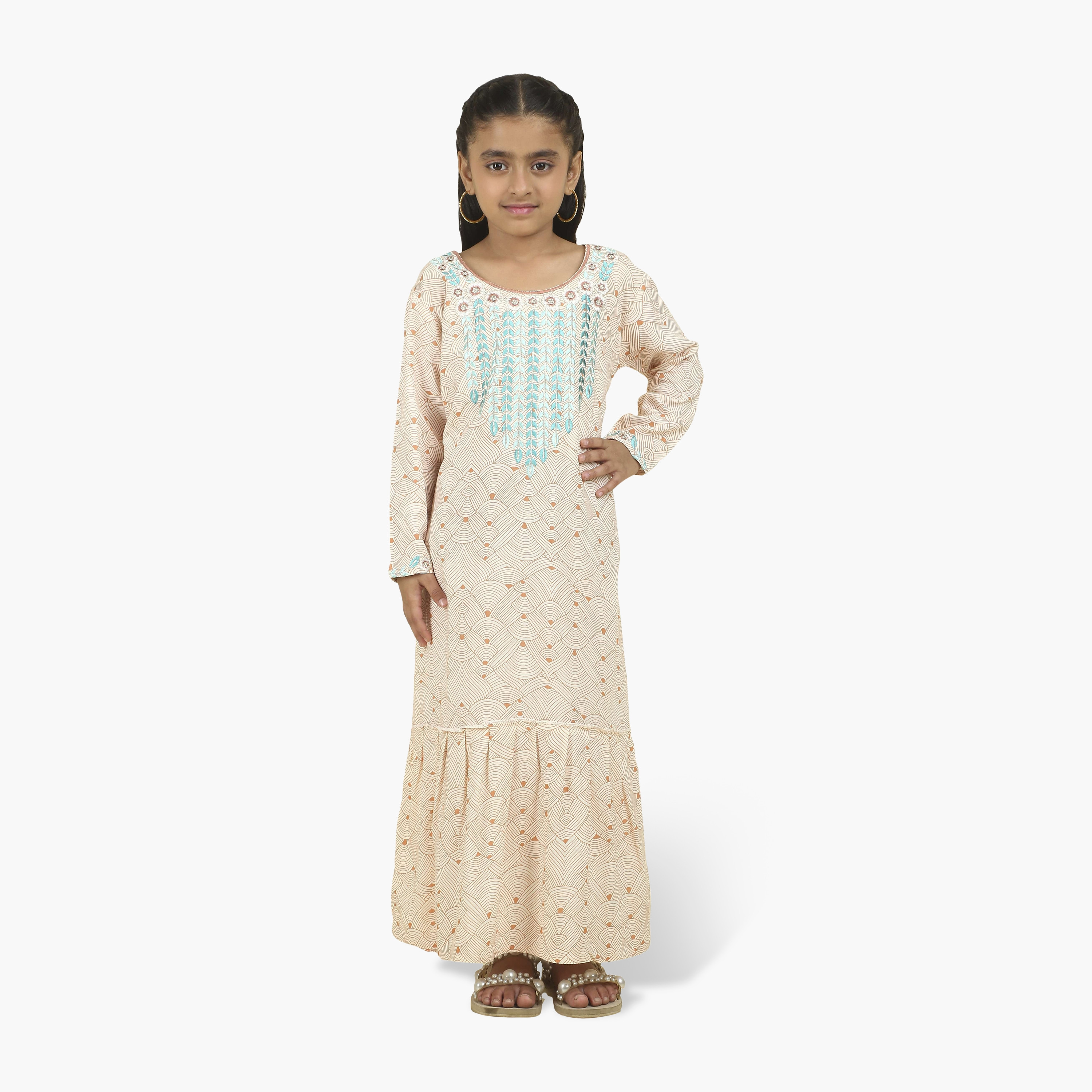 جلابية بناتي بصدرية مطرزة وطبعة هندسية من هنا أند سارة-girls-arabicclothing-jalabiyas-image-1
