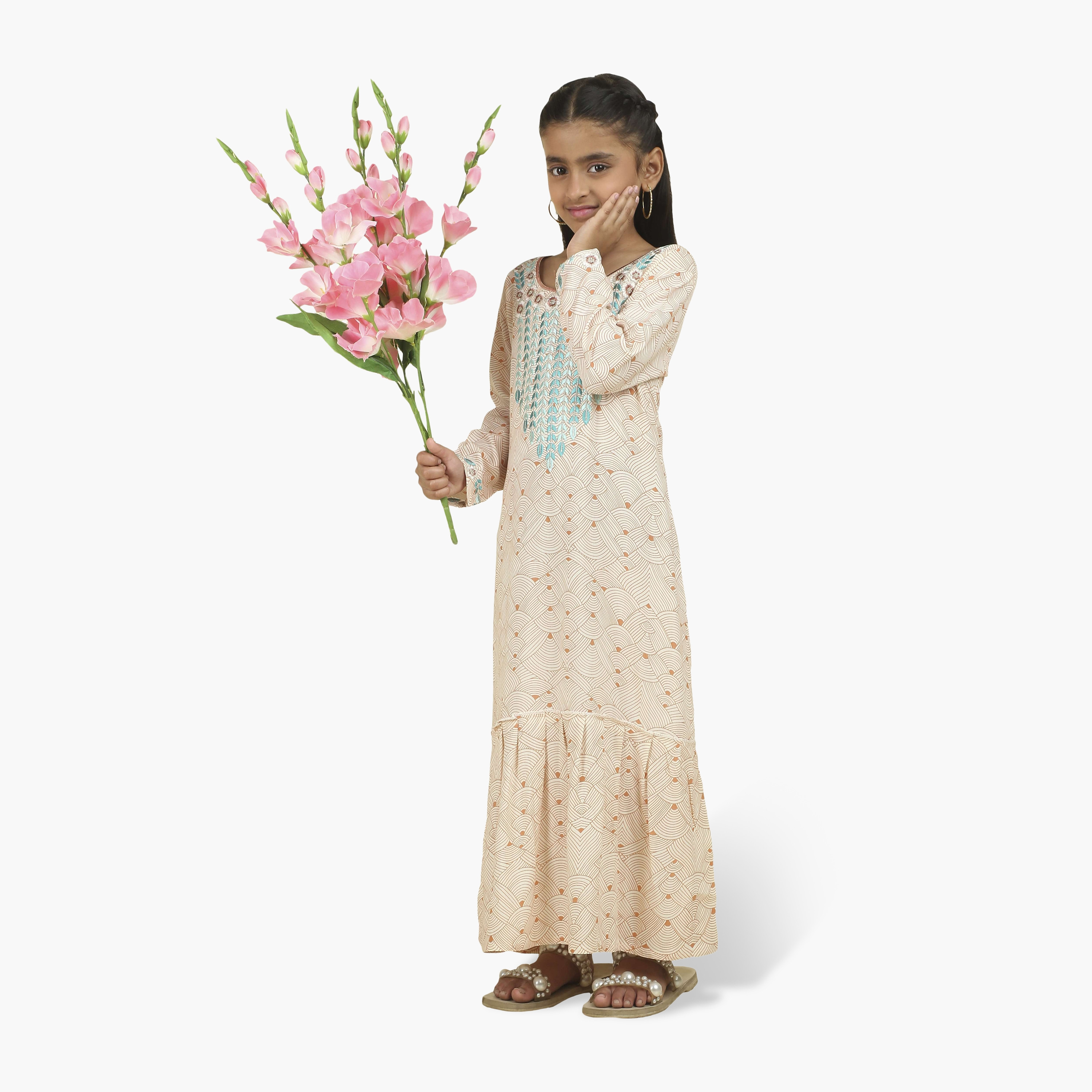 جلابية بناتي بصدرية مطرزة وطبعة هندسية من هنا أند سارة-girls-arabicclothing-jalabiyas-image-4