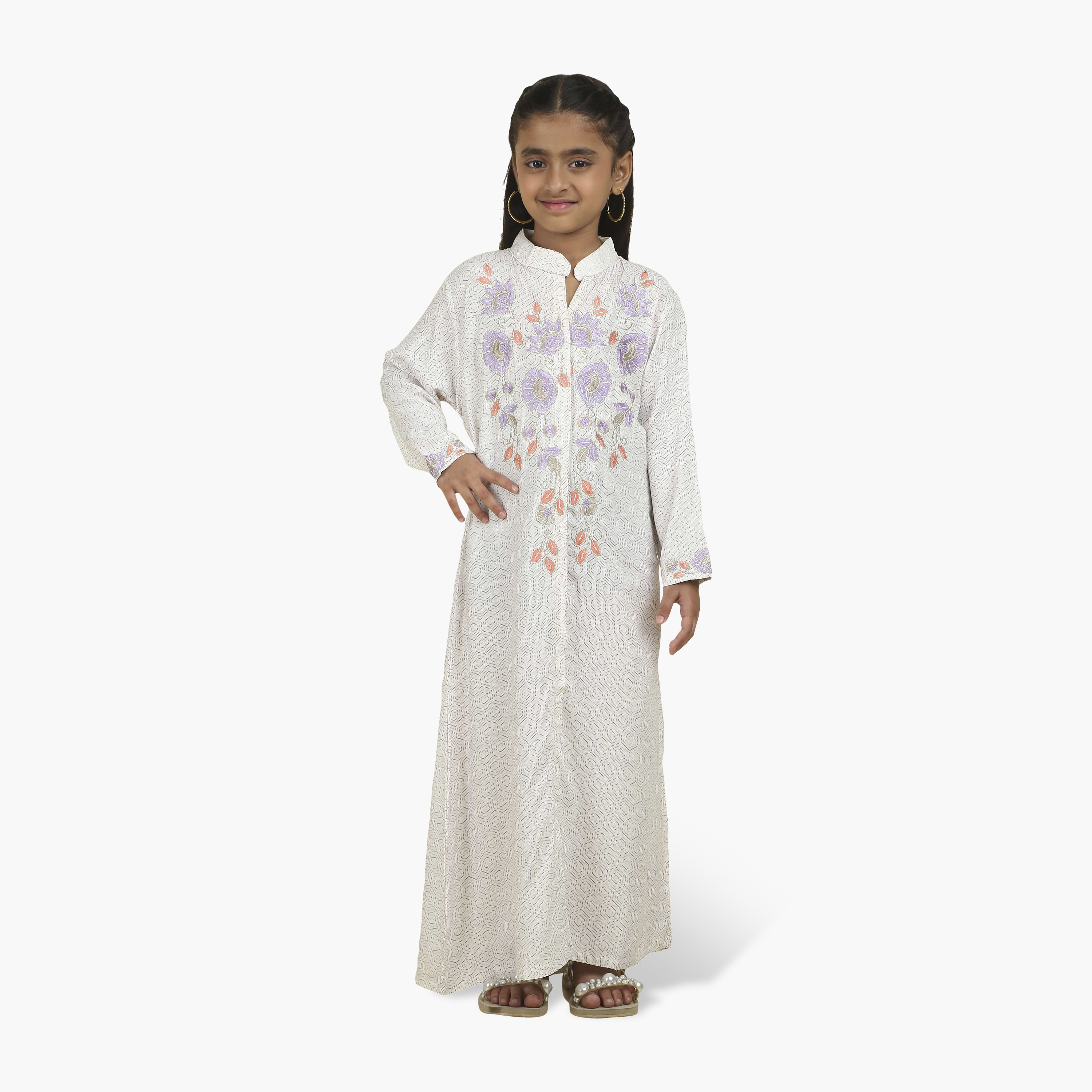 جلابية بناتي بياقة ماندارين مطرزة وطبعة هندسية من هنا أند سارة-girls-arabicclothing-jalabiyas-image-1