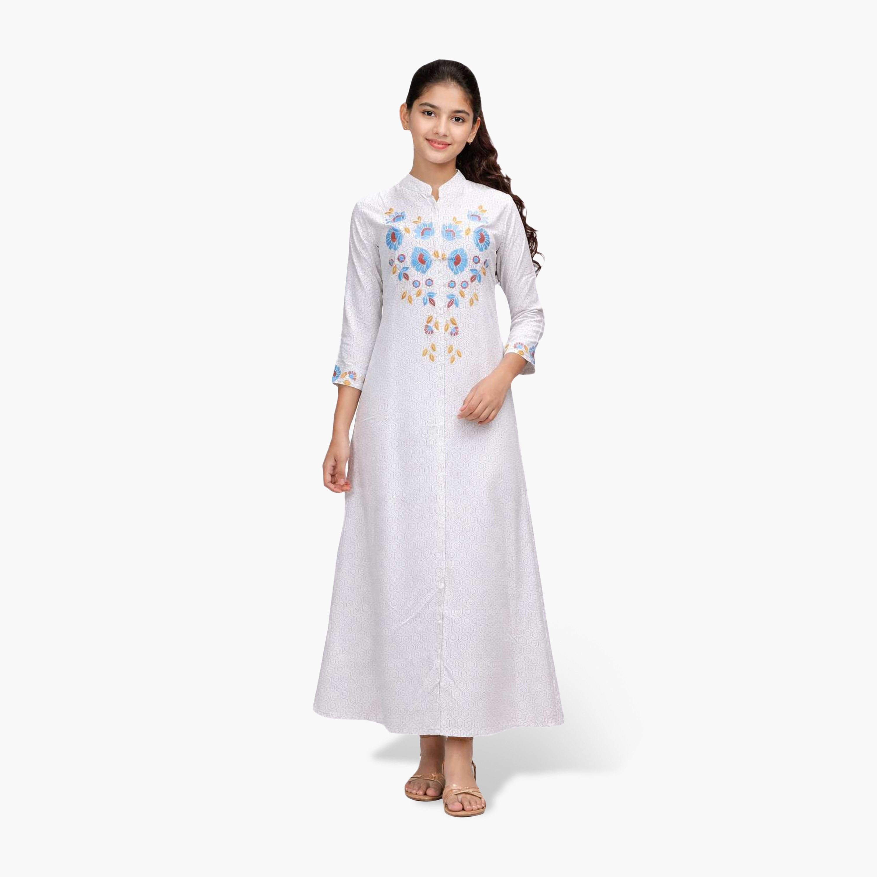 جلابية بناتي بياقة ماندارين مطرزة وطبعة هندسية - أبيض من هنا أند سارة-girls-arabicclothing-jalabiyas-image-1