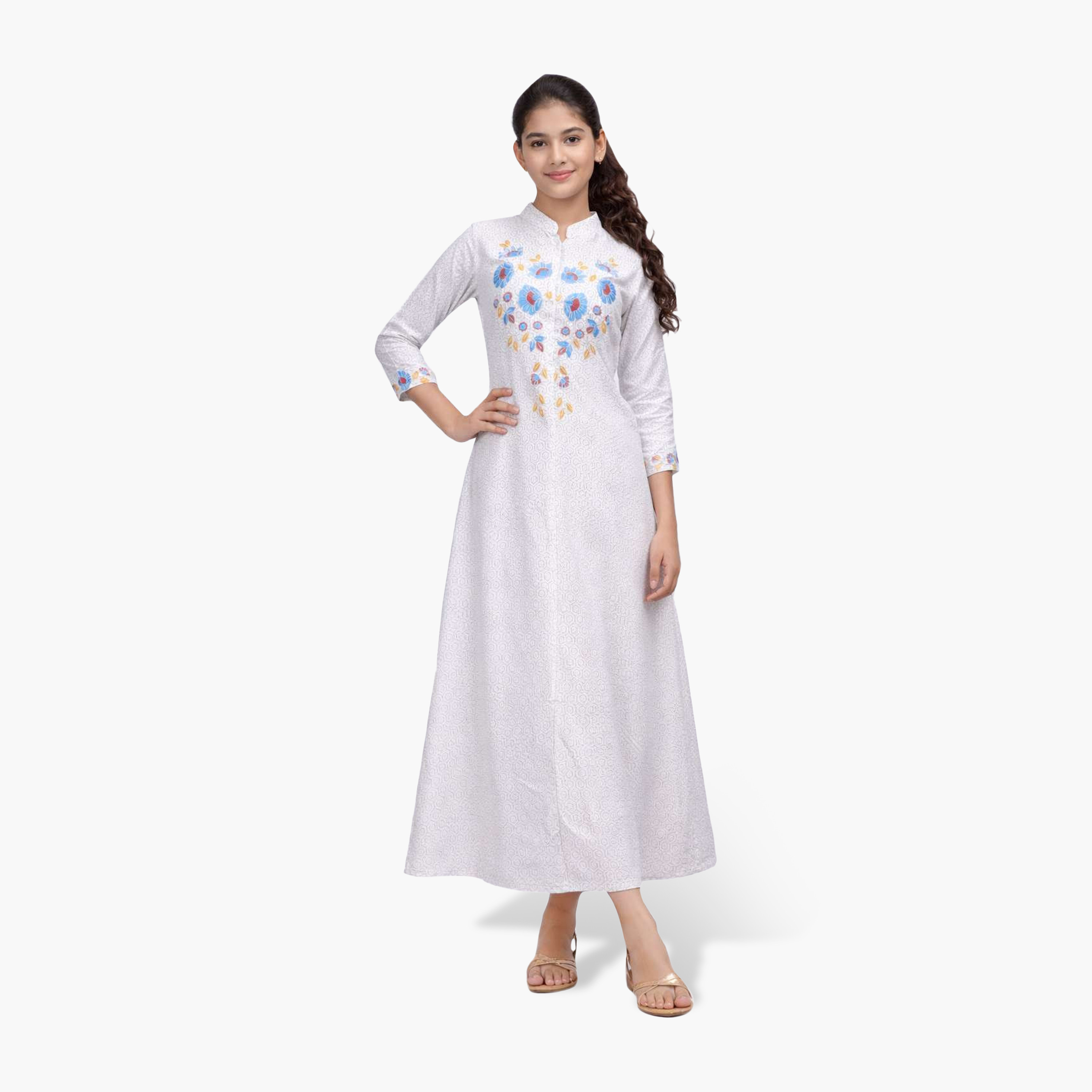 جلابية بناتي بياقة ماندارين مطرزة وطبعة هندسية - أبيض من هنا أند سارة-girls-arabicclothing-jalabiyas-image-2