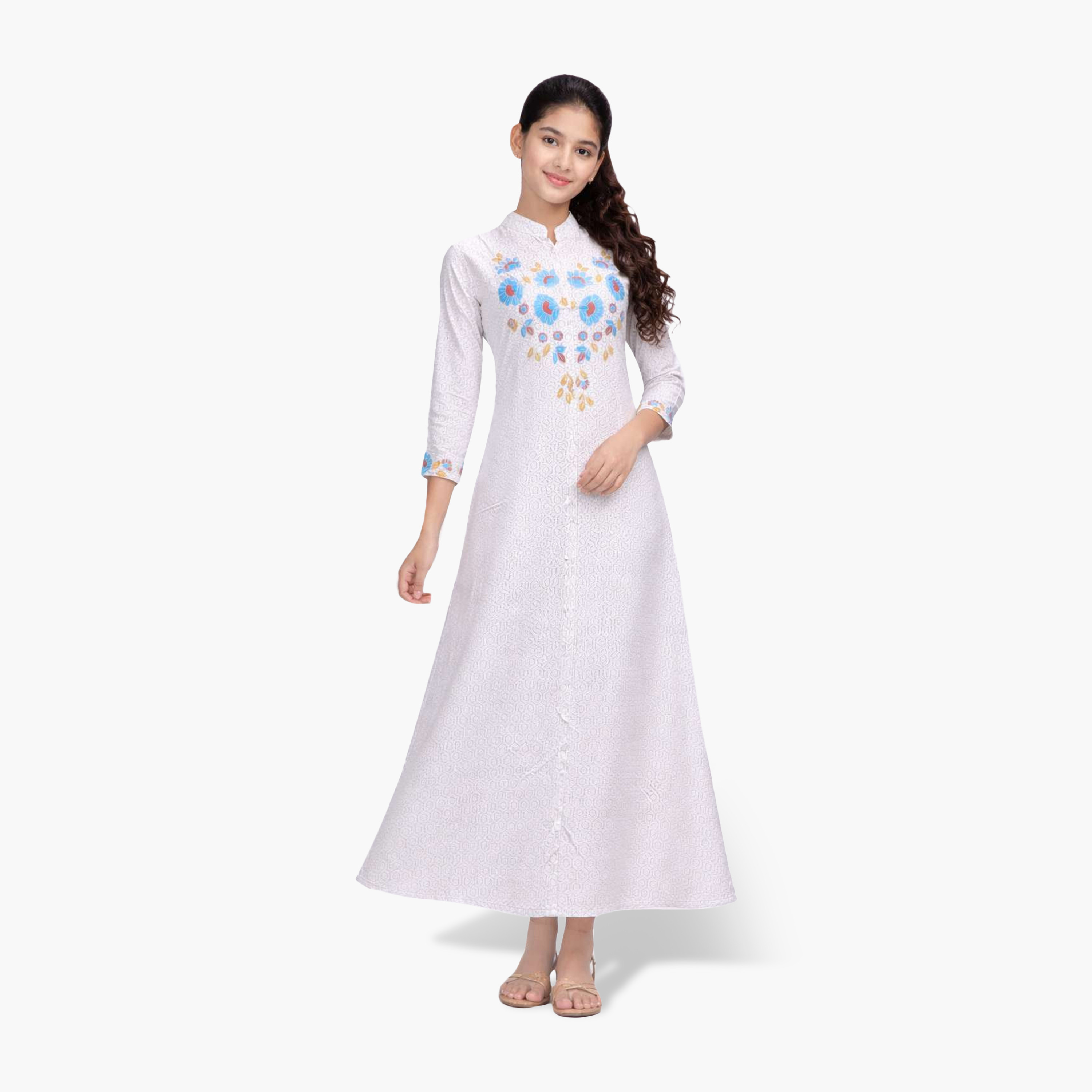 جلابية بناتي بياقة ماندارين مطرزة وطبعة هندسية - أبيض من هنا أند سارة-girls-arabicclothing-jalabiyas-image-4