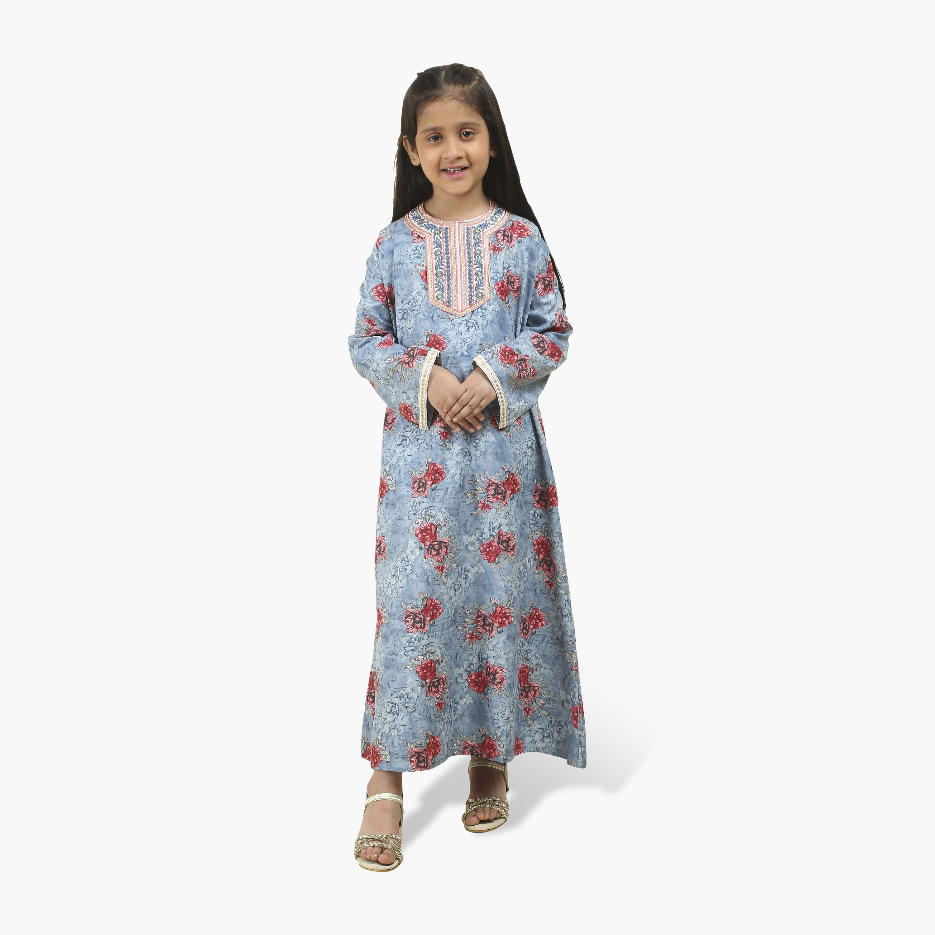 جلابية بناتي بصدرية مطرزة وطبعة زهور من هنا أند سارة-girls-arabicclothing-jalabiyas-image-1