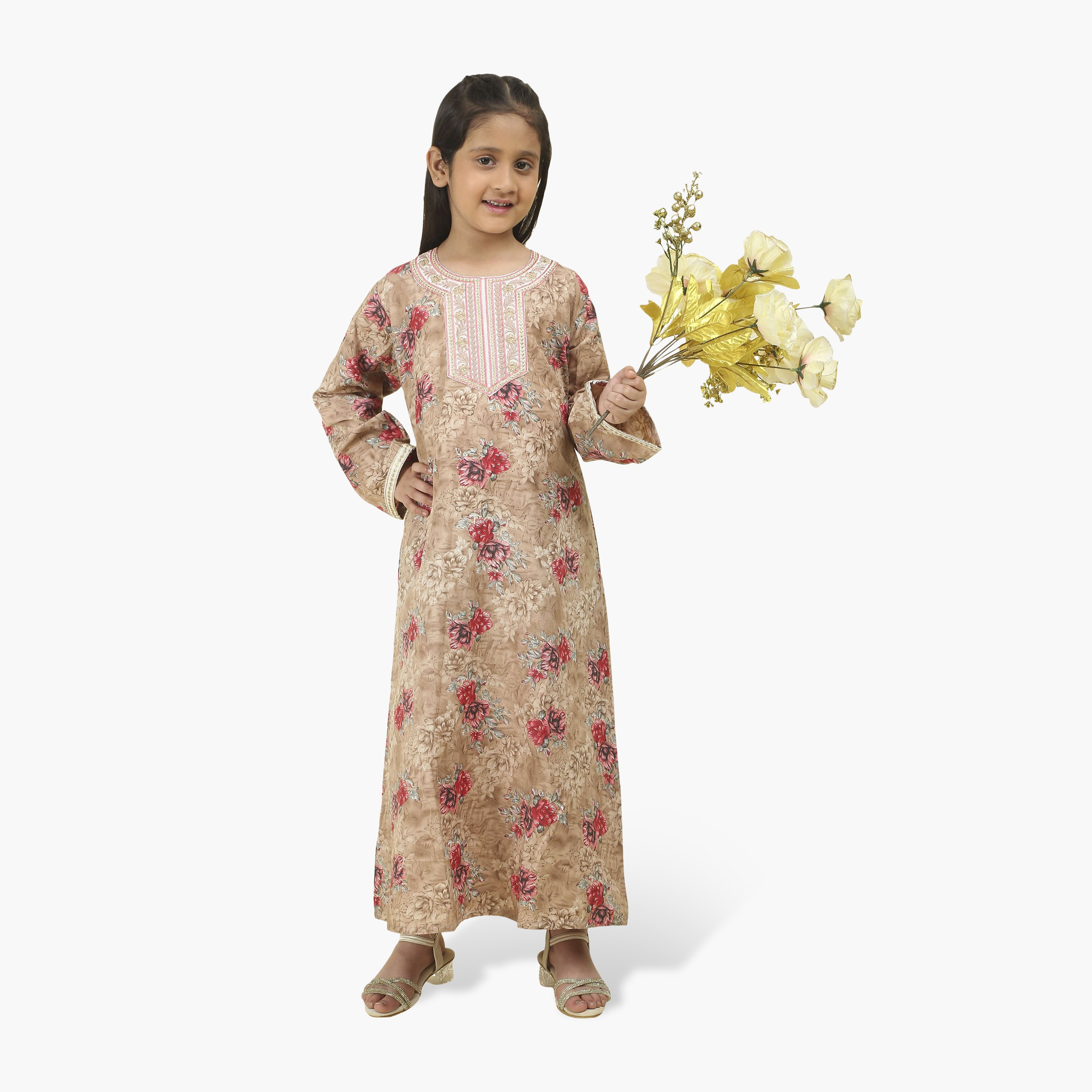 جلابية بناتي بصدرية مطرزة وطبعة زهور من هنا أند سارة-girls-arabicclothing-jalabiyas-image-13