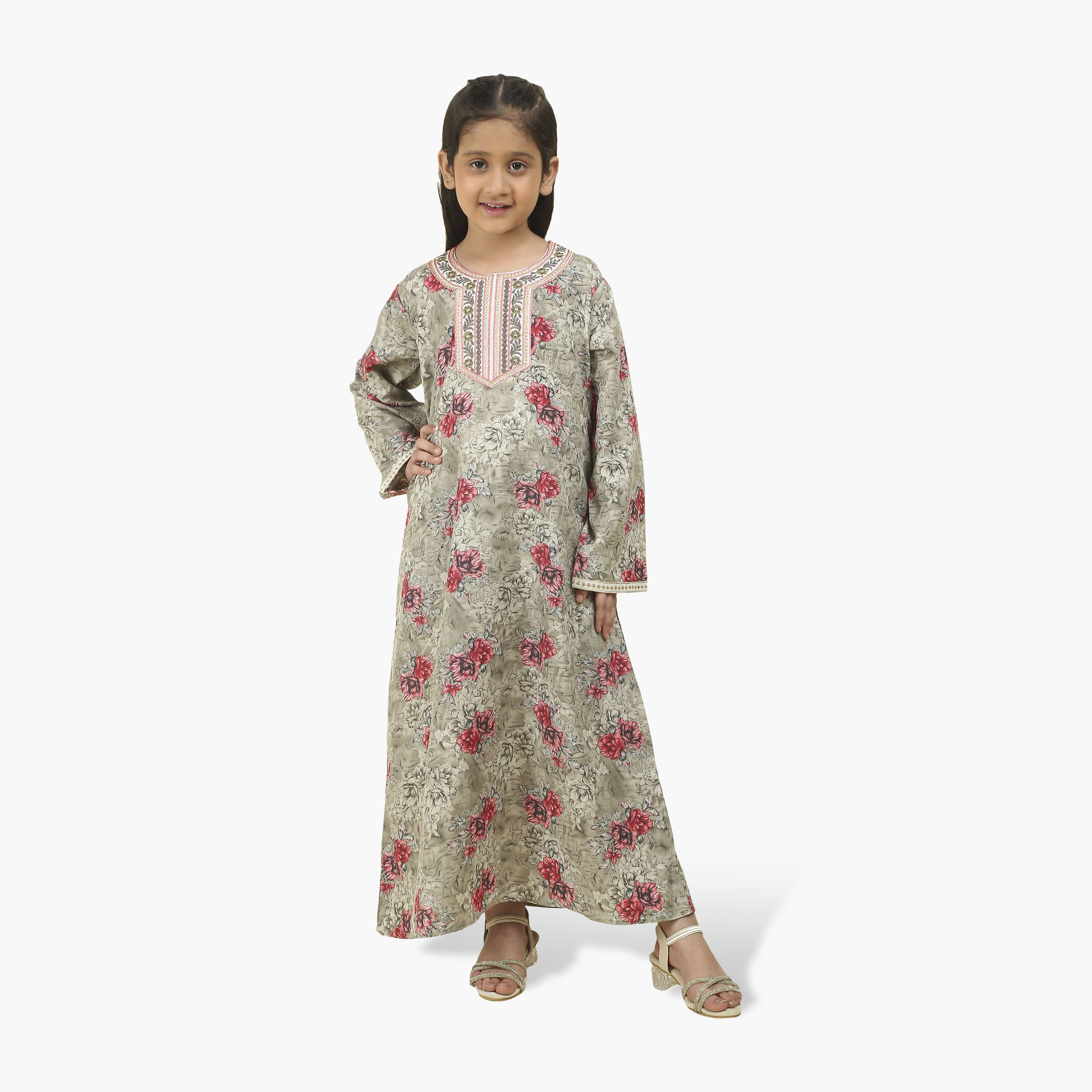 جلابية بناتي بصدرية مطرزة وطبعة زهور من هنا أند سارة-girls-arabicclothing-jalabiyas-image-5