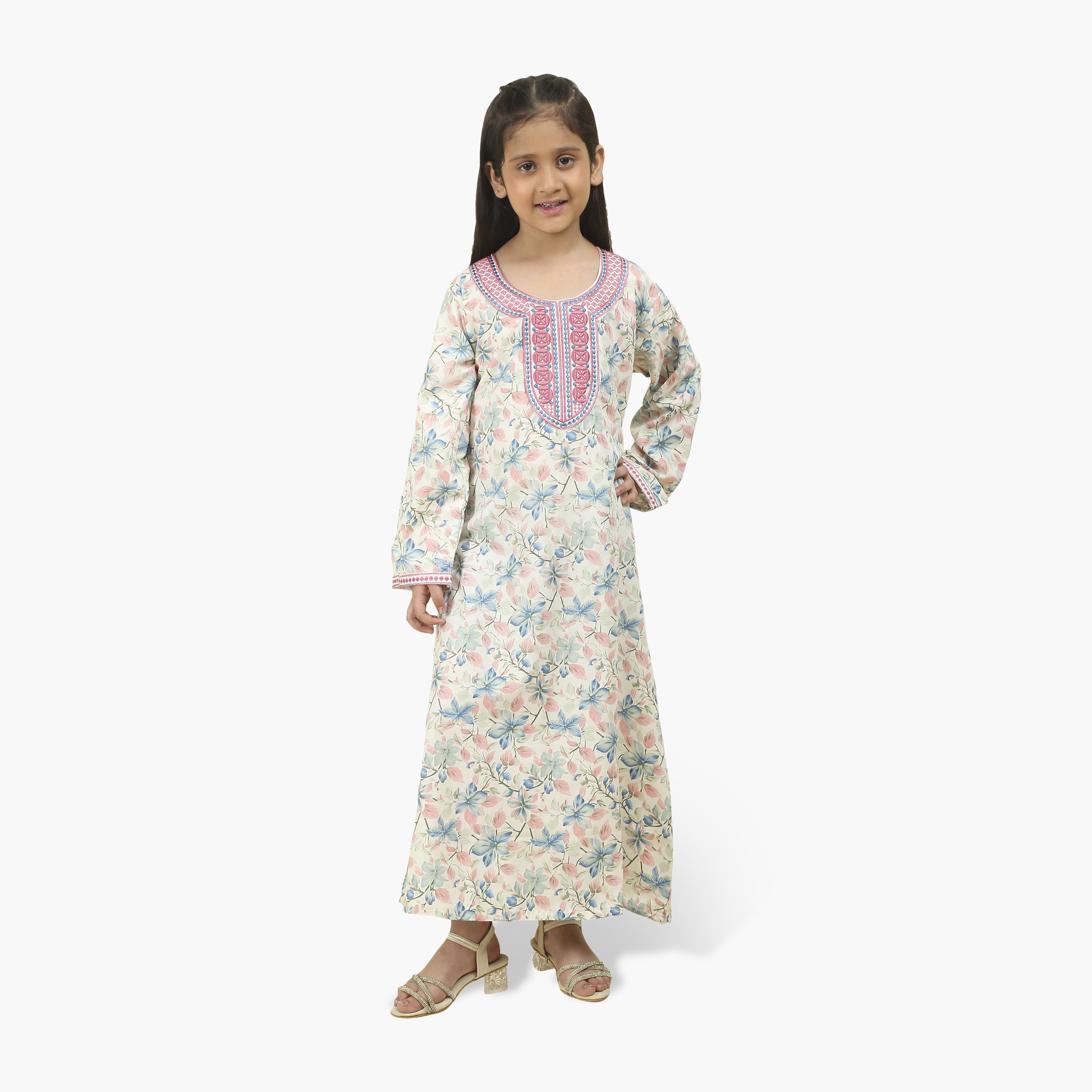 جلابية بناتي بصدرية مطرزة وطبعة زهور من هنا أند سارة-girls-arabicclothing-jalabiyas-image-6
