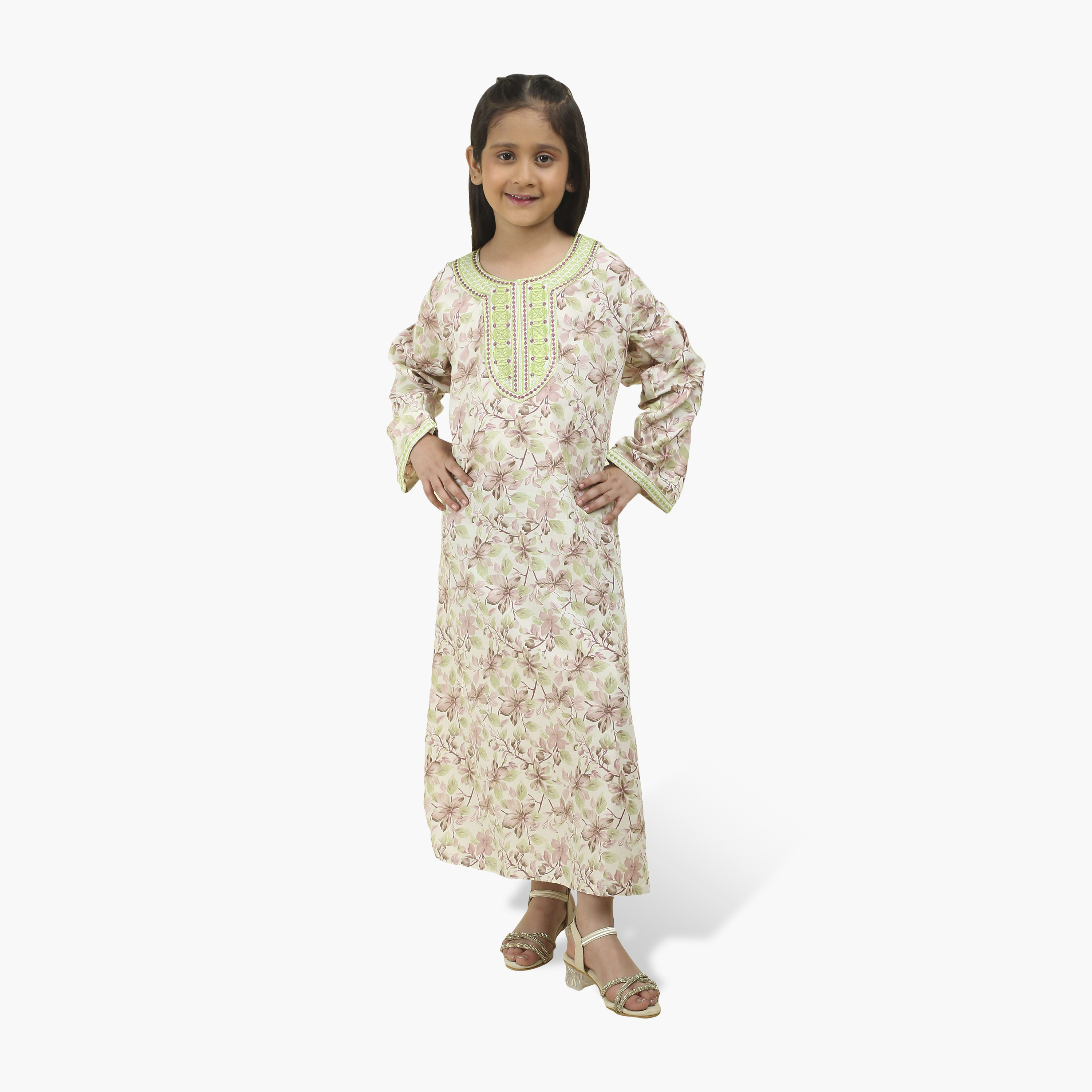 جلابية بناتي بصدرية مطرزة وطبعة زهور من هنا أند سارة-girls-arabicclothing-jalabiyas-image-1
