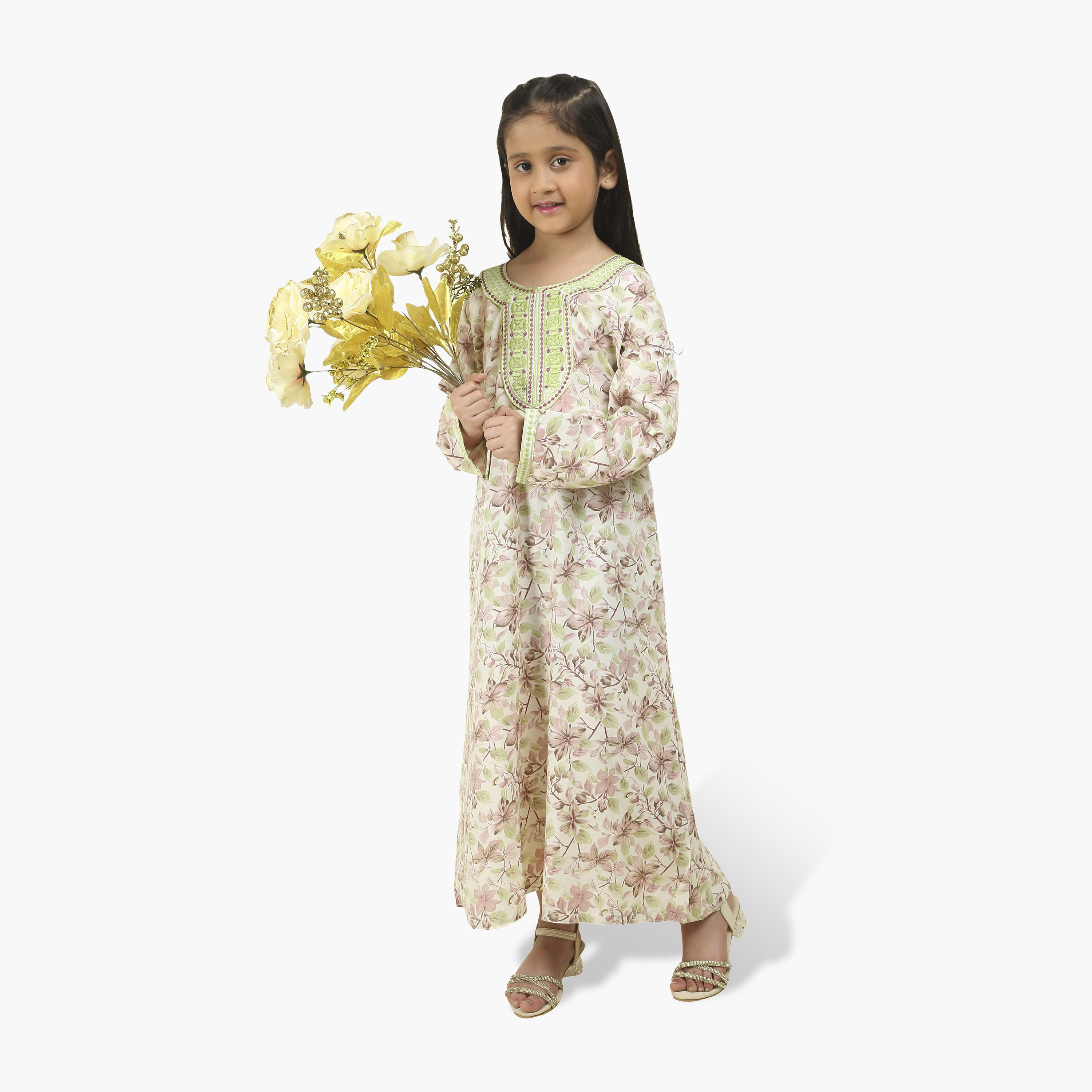 جلابية بناتي بصدرية مطرزة وطبعة زهور من هنا أند سارة-girls-arabicclothing-jalabiyas-image-4