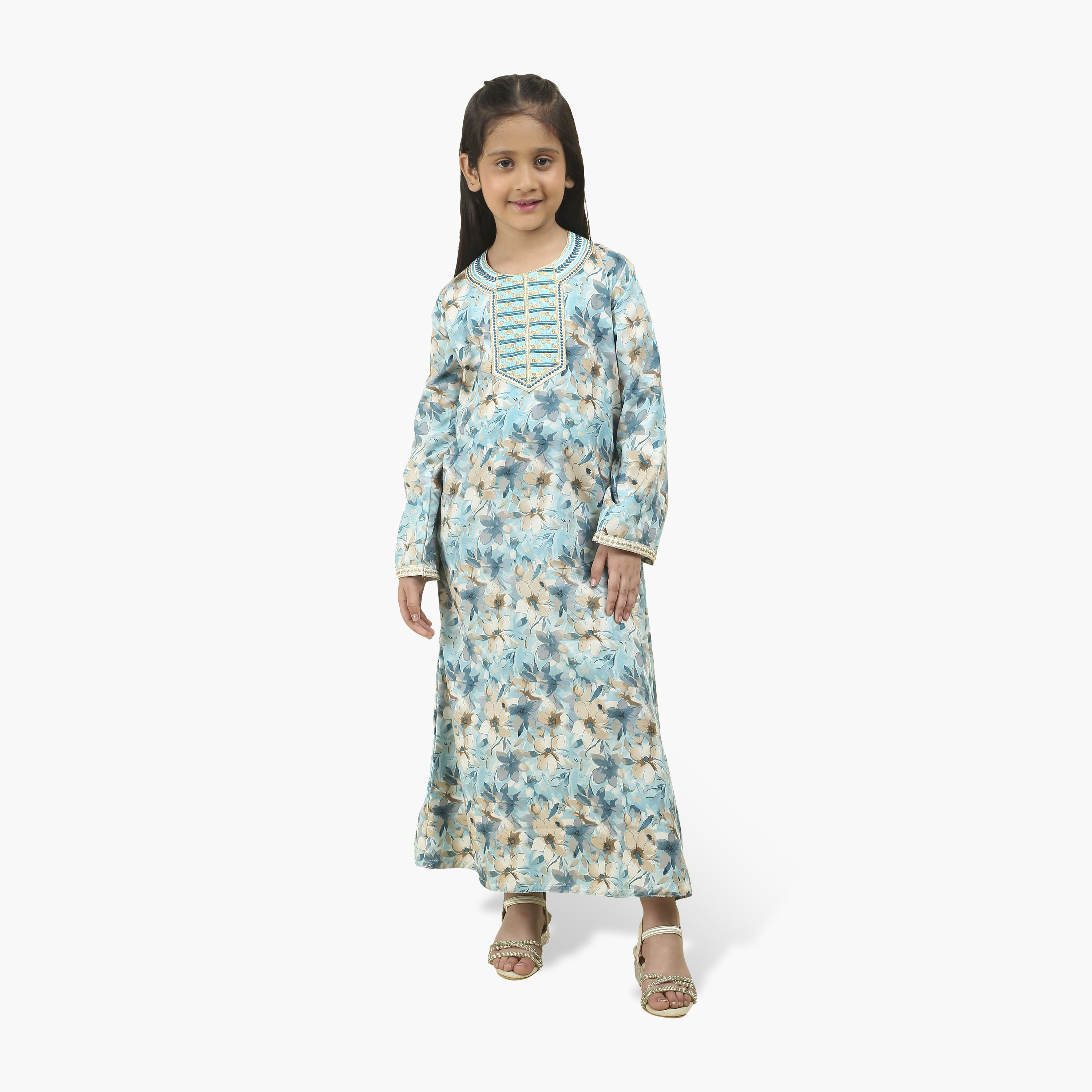 HanaandSara Embroidered Yoke Floral Print Girls Jalabiya-girls-arabicclothing-jalabiyas-image-1