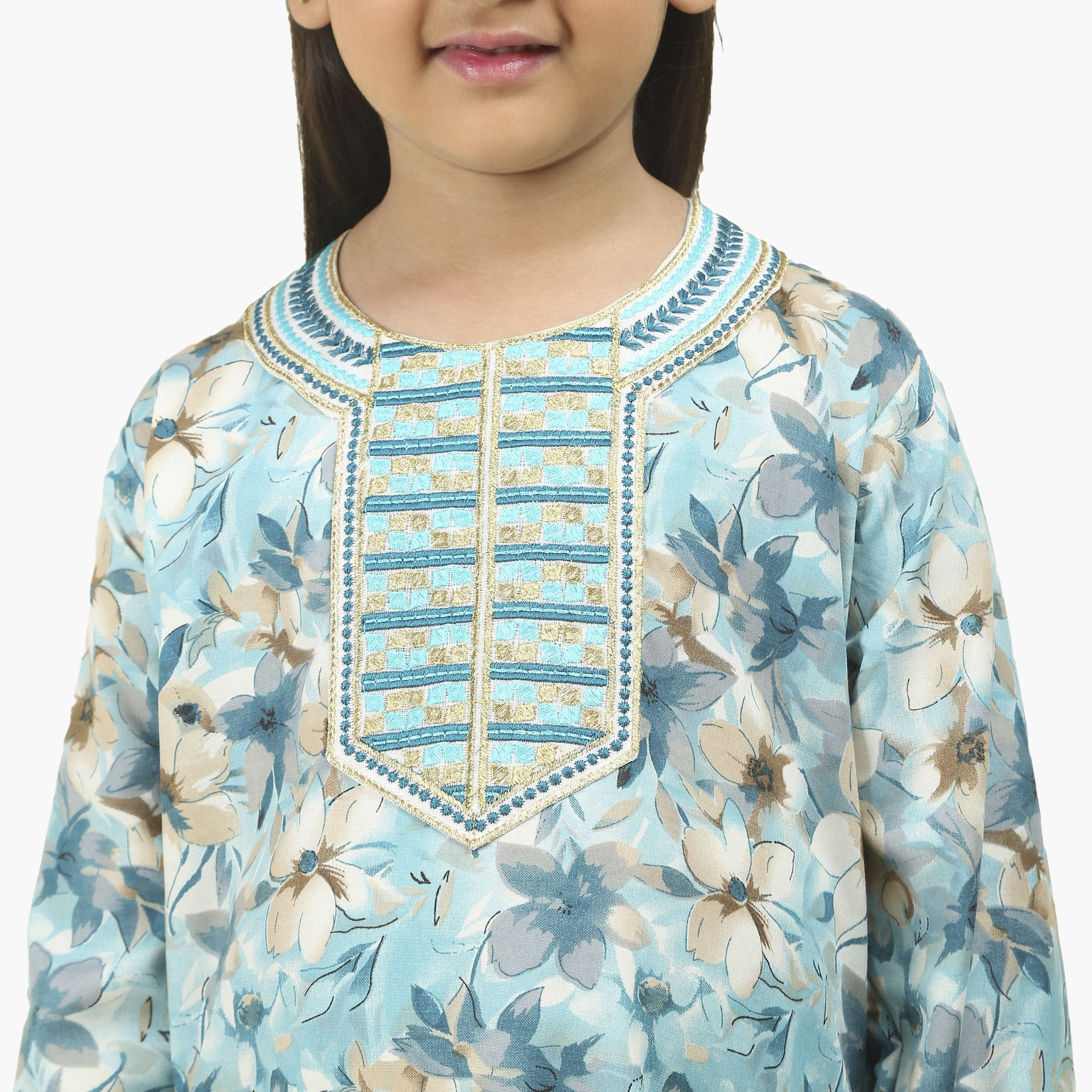 HanaandSara Embroidered Yoke Floral Print Girls Jalabiya-girls-arabicclothing-jalabiyas-image-3