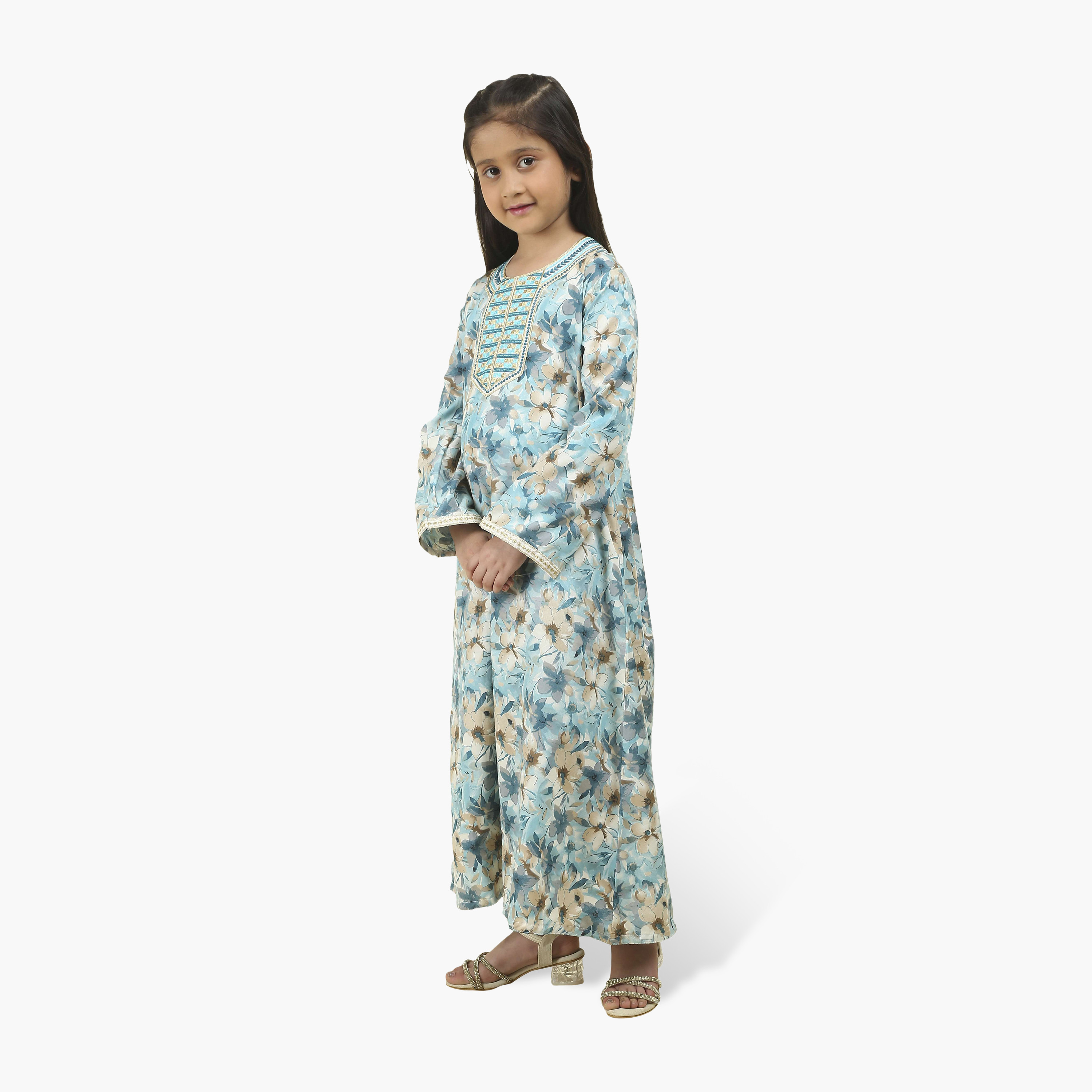 HanaandSara Embroidered Yoke Floral Print Girls Jalabiya-girls-arabicclothing-jalabiyas-image-4