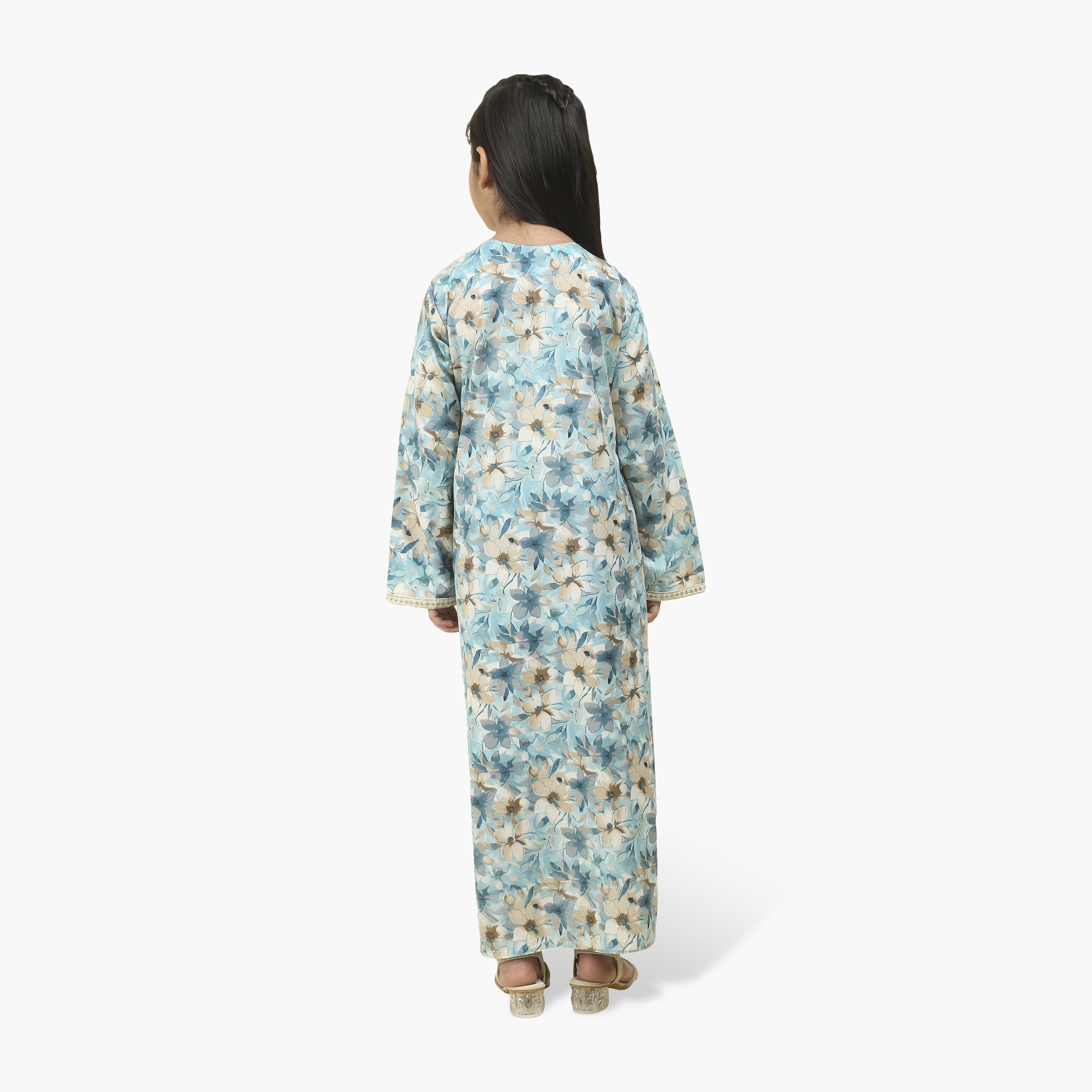 HanaandSara Embroidered Yoke Floral Print Girls Jalabiya-girls-arabicclothing-jalabiyas-image-5