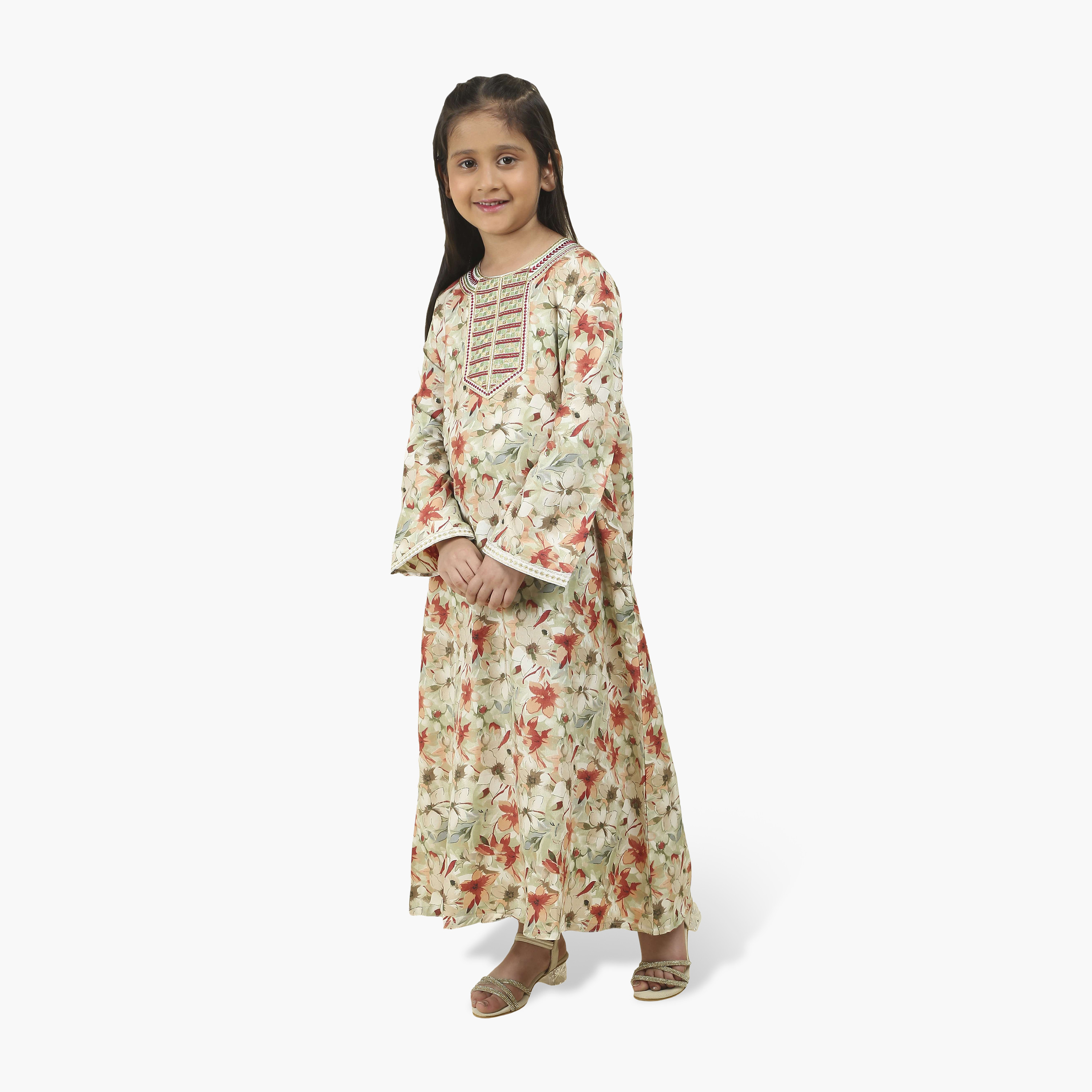 HanaandSara Embroidered Yoke Floral Print Girls Jalabiya-girls-arabicclothing-jalabiyas-image-1