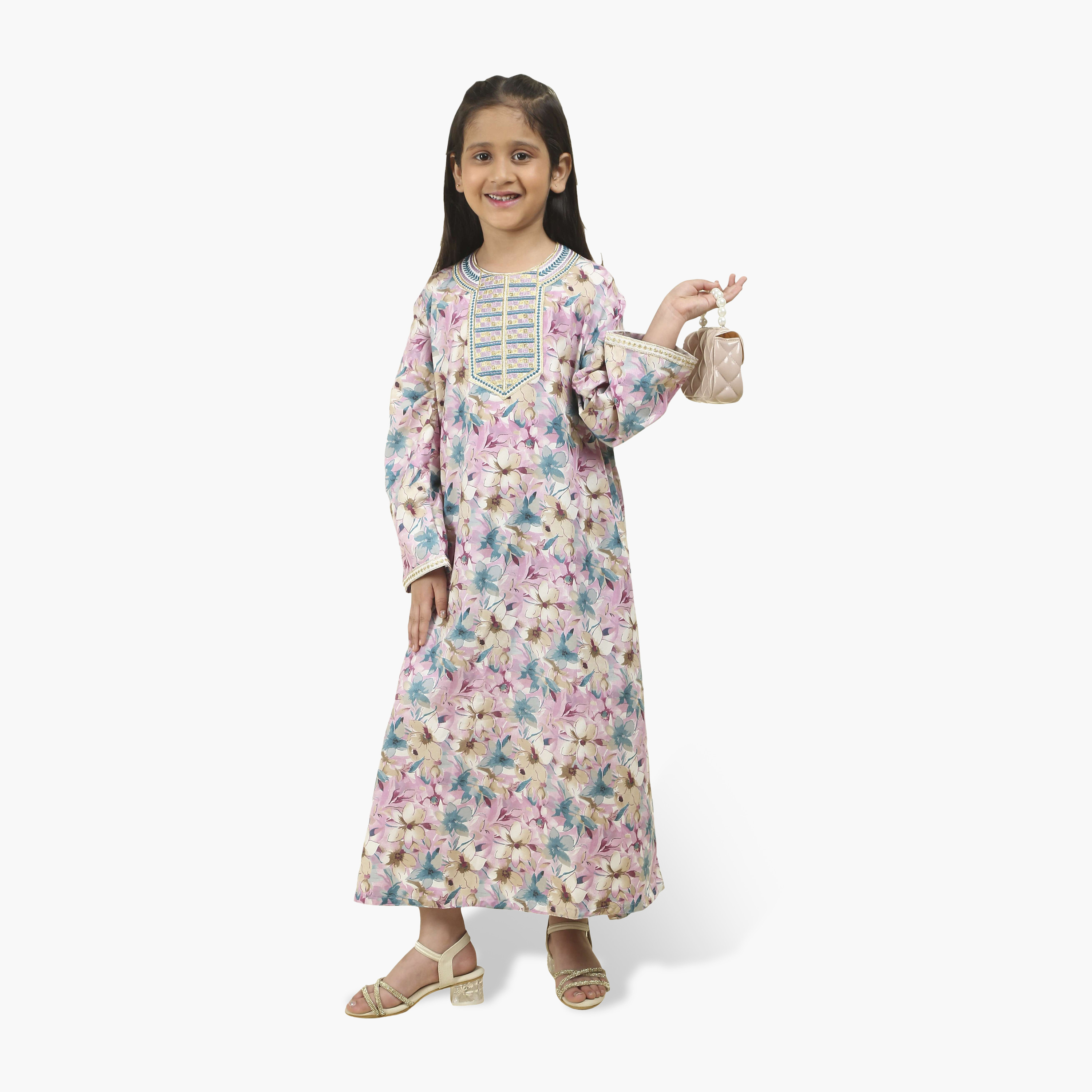 HanaandSara Embroidered Yoke Floral Print Girls Jalabiya-girls-arabicclothing-jalabiyas-image-1