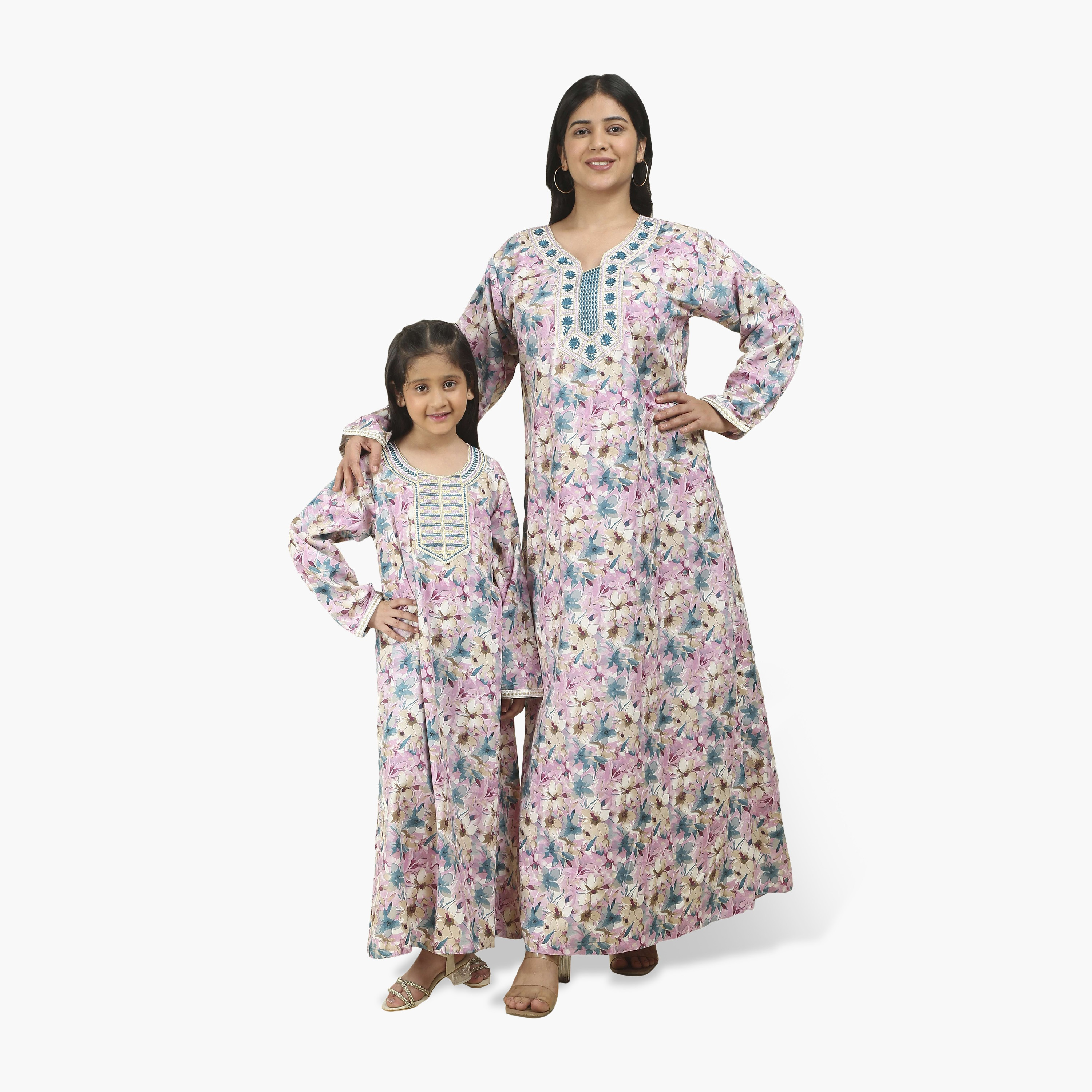 HanaandSara Embroidered Yoke Floral Print Girls Jalabiya-girls-arabicclothing-jalabiyas-image-2