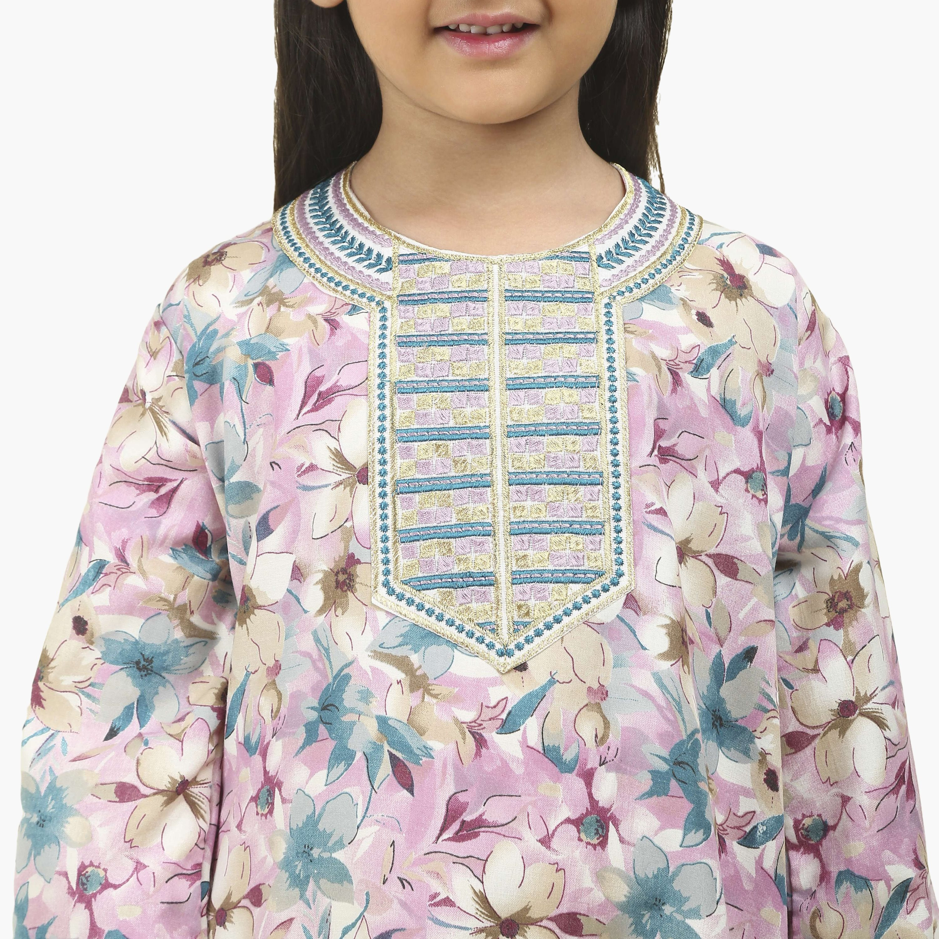 HanaandSara Embroidered Yoke Floral Print Girls Jalabiya-girls-arabicclothing-jalabiyas-image-3