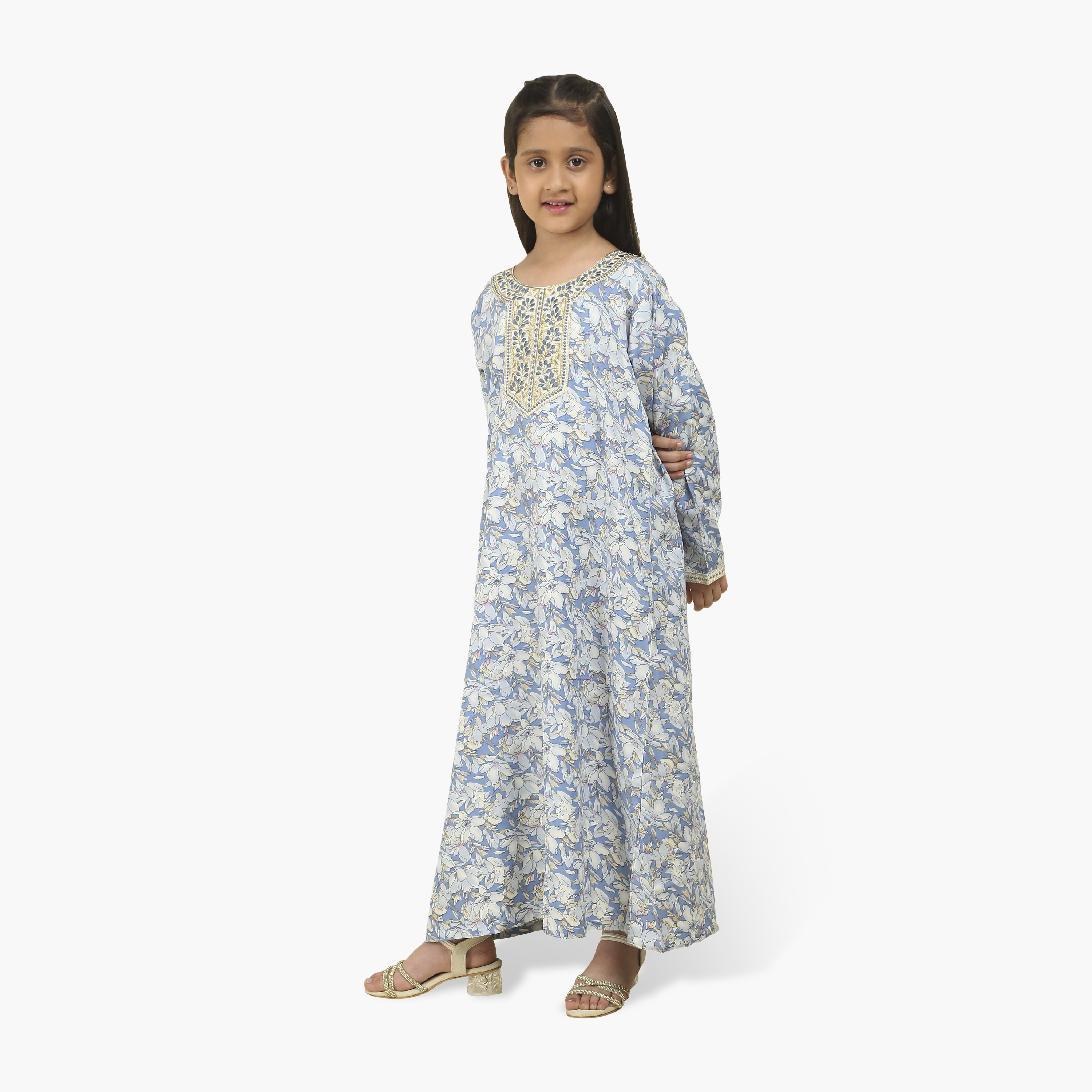 جلابية بناتي بصدرية مطرزة وطبعة زهور من هنا أند سارة-girls-arabicclothing-jalabiyas-image-1