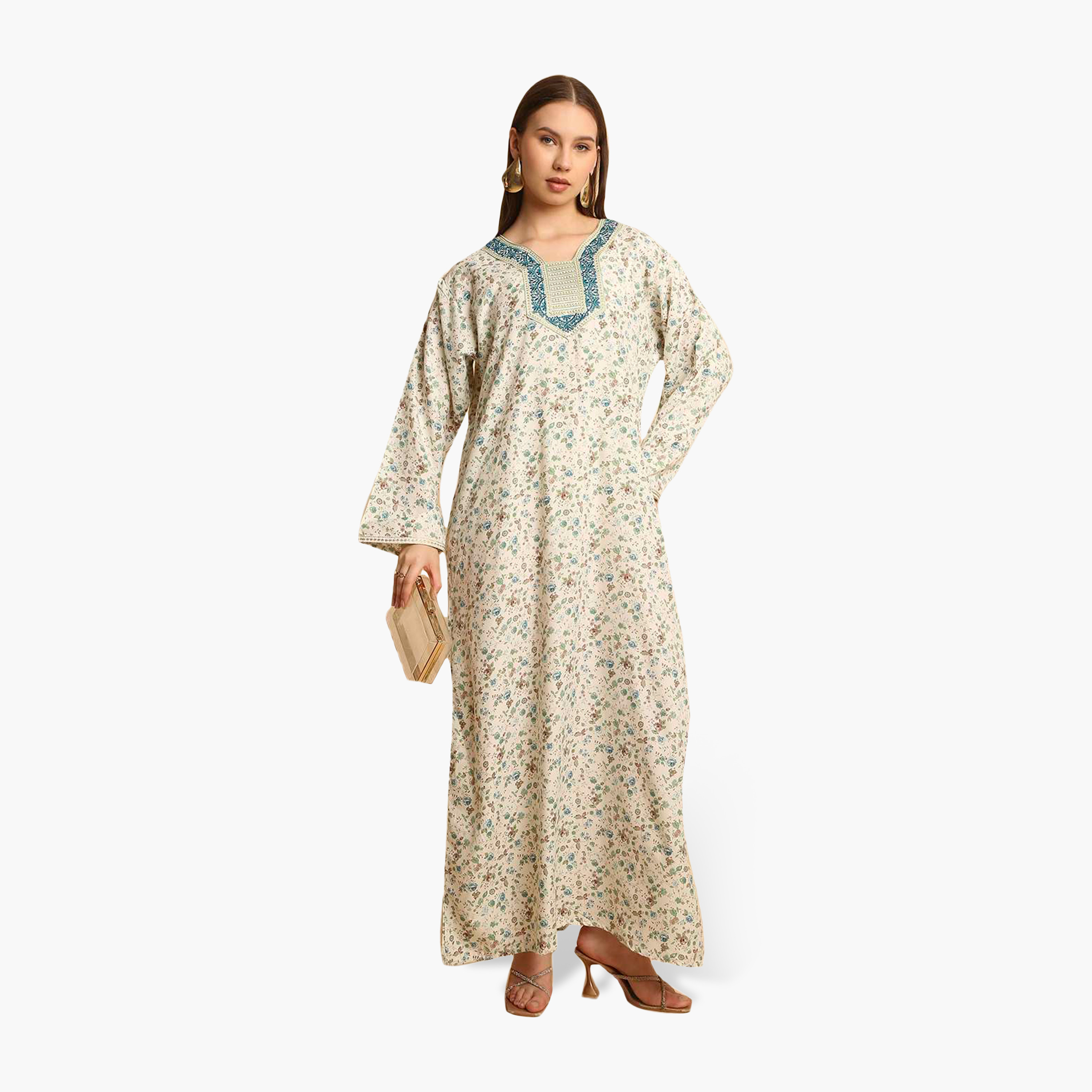 HanaandSara Floral Print Embroidered Yoke Women's Jalabiya-women-arabicclothing-jalabiyas-image-1