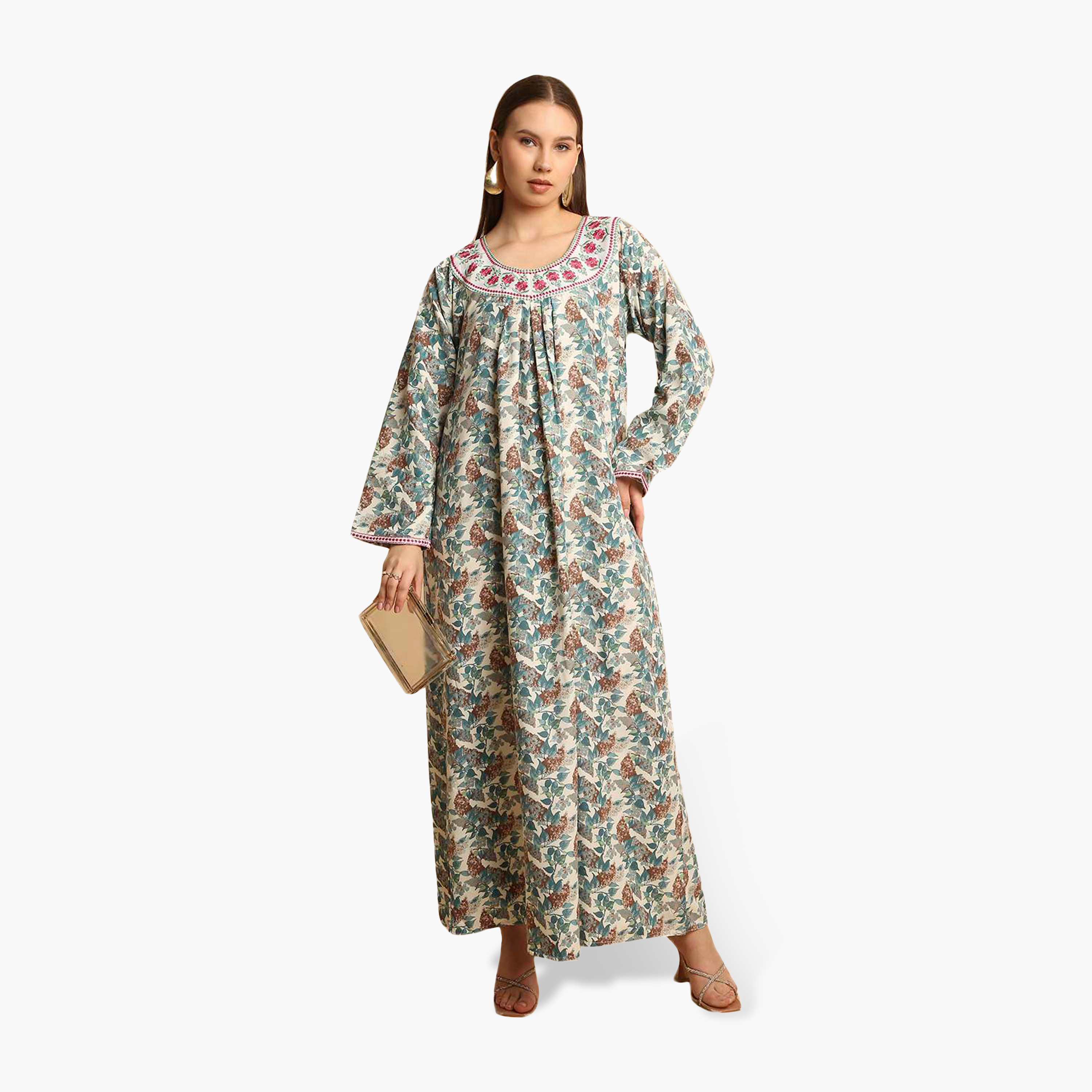 جلابية نسائية بياقة مطرزة وطبعة زهور من هنا أند سارة-women-arabicclothing-jalabiyas-image-11