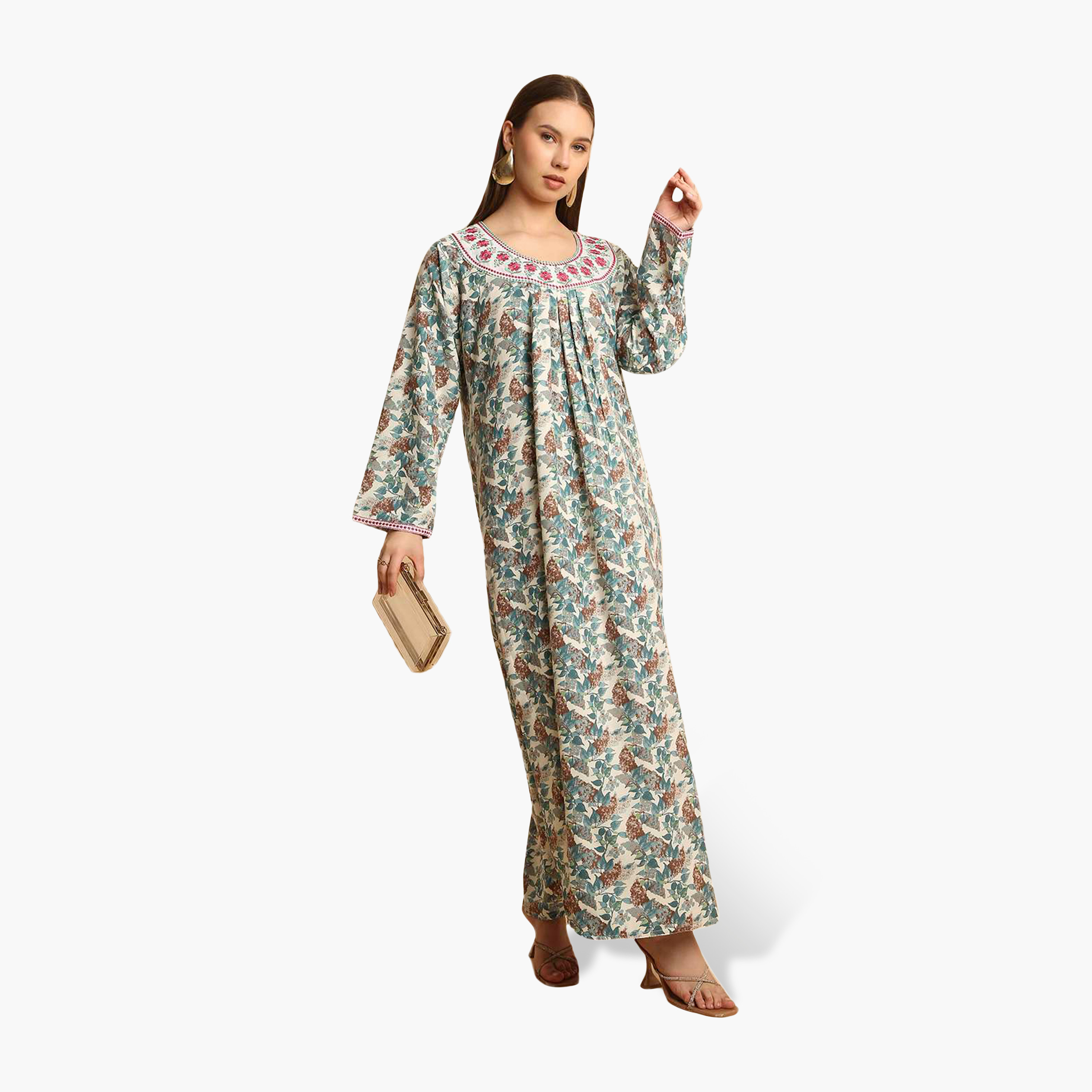 جلابية نسائية بياقة مطرزة وطبعة زهور من هنا أند سارة-women-arabicclothing-jalabiyas-image-14