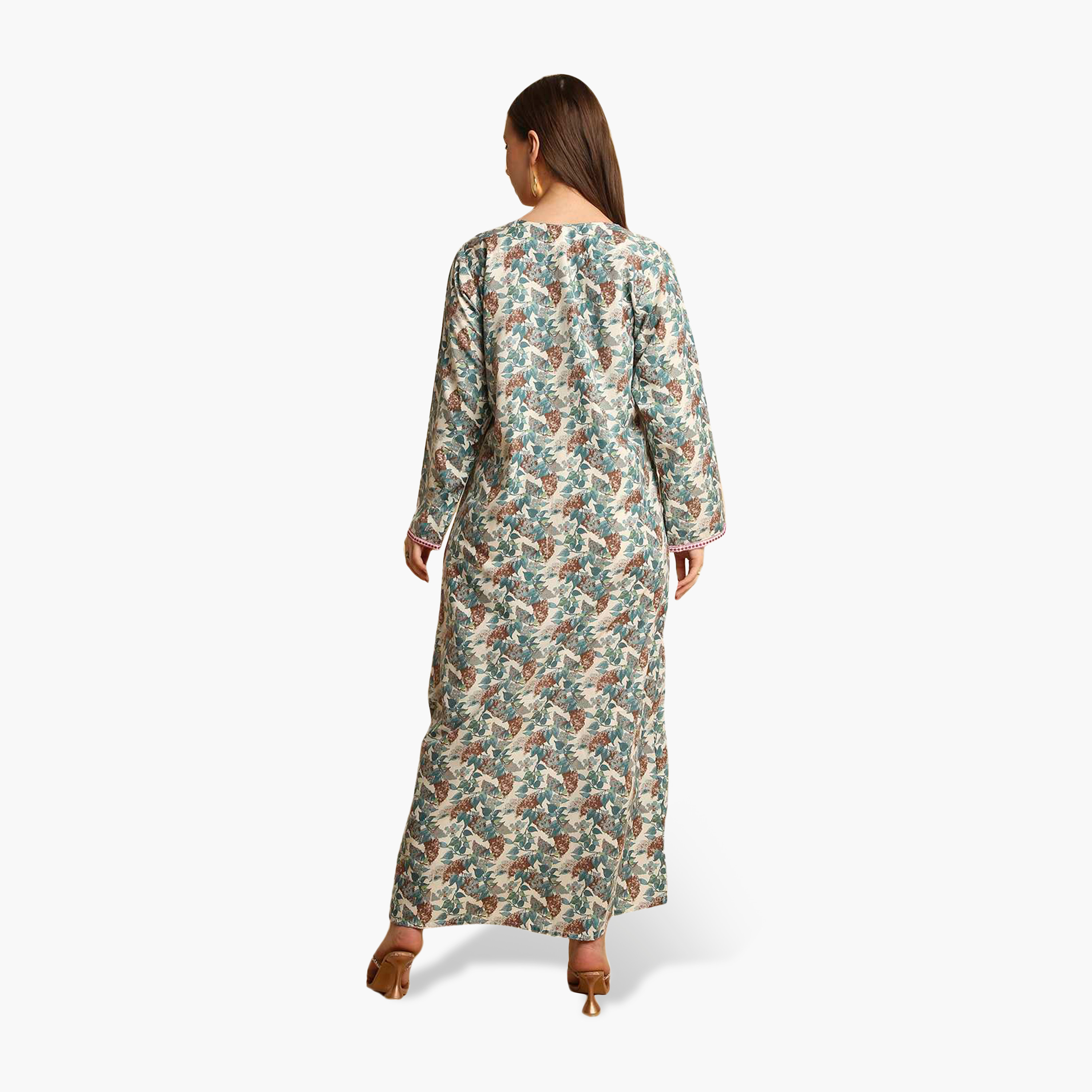 جلابية نسائية بياقة مطرزة وطبعة زهور من هنا أند سارة-women-arabicclothing-jalabiyas-image-15