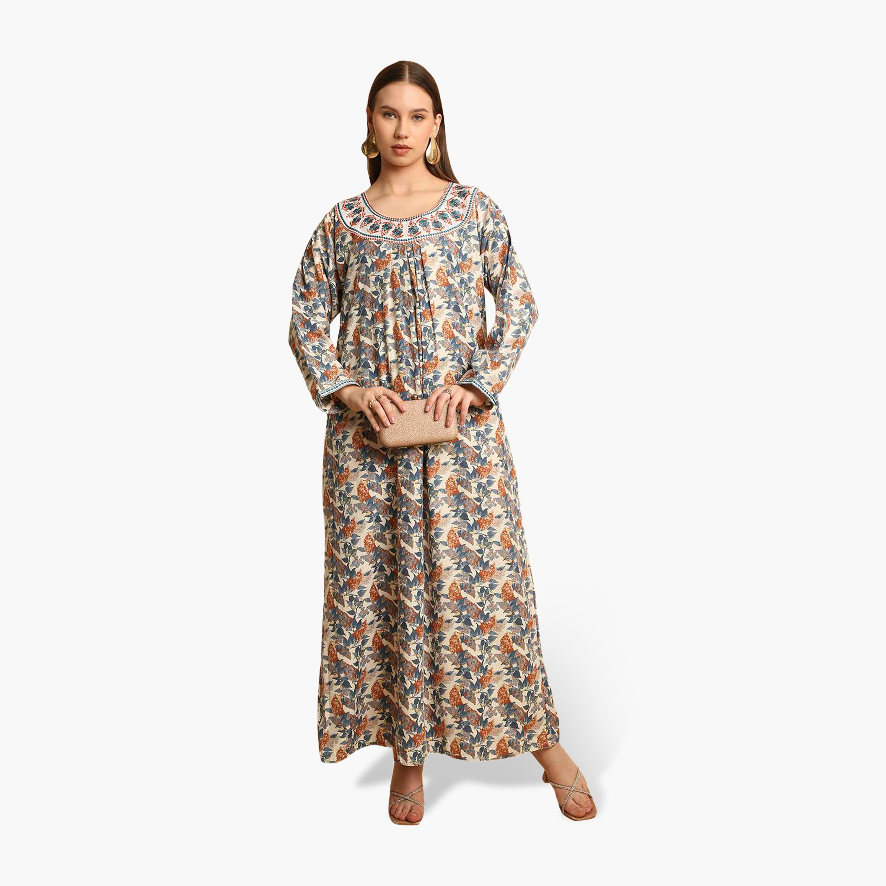 جلابية نسائية بياقة مطرزة وطبعة زهور من هنا أند سارة-women-arabicclothing-jalabiyas-image-6