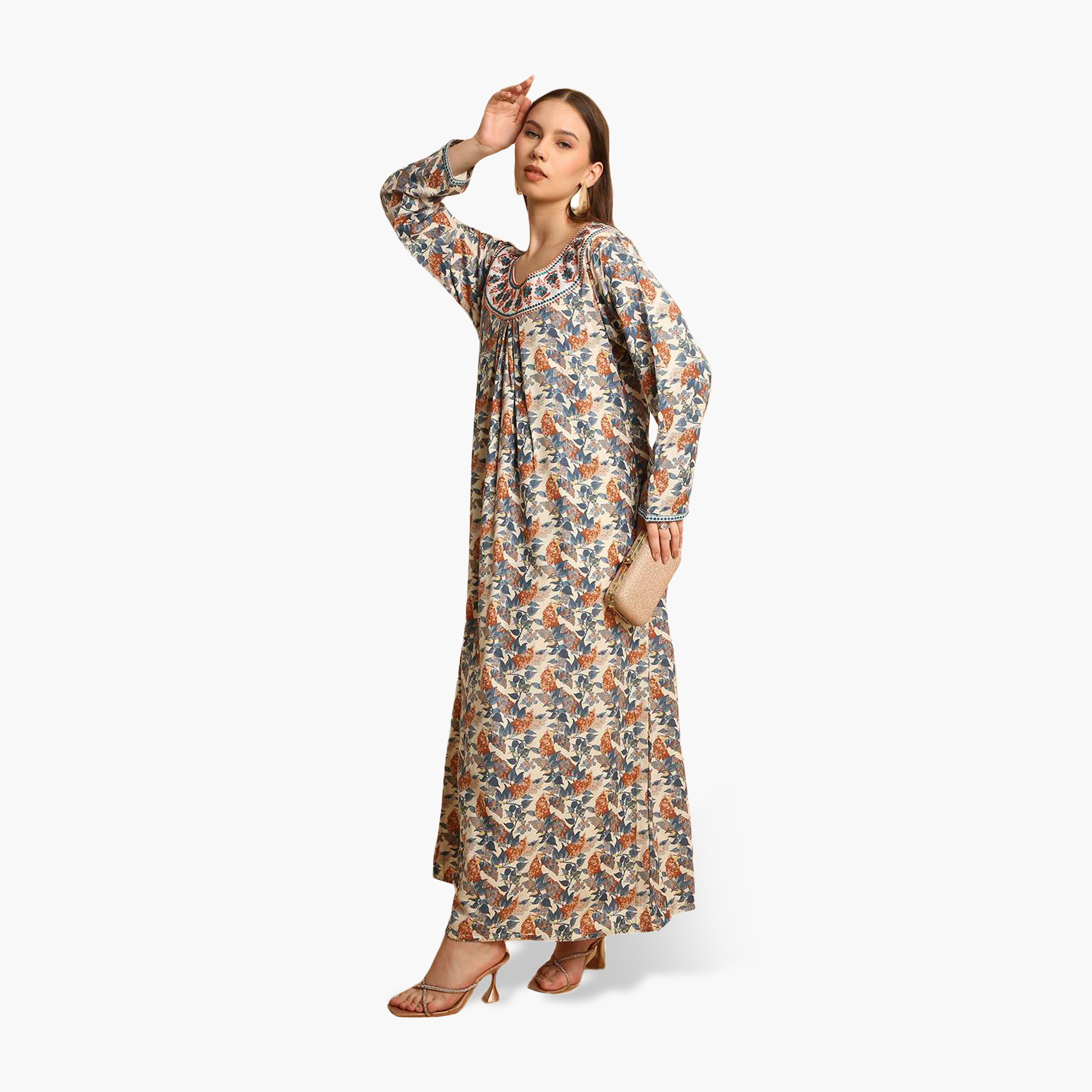 جلابية نسائية بياقة مطرزة وطبعة زهور من هنا أند سارة-women-arabicclothing-jalabiyas-image-8
