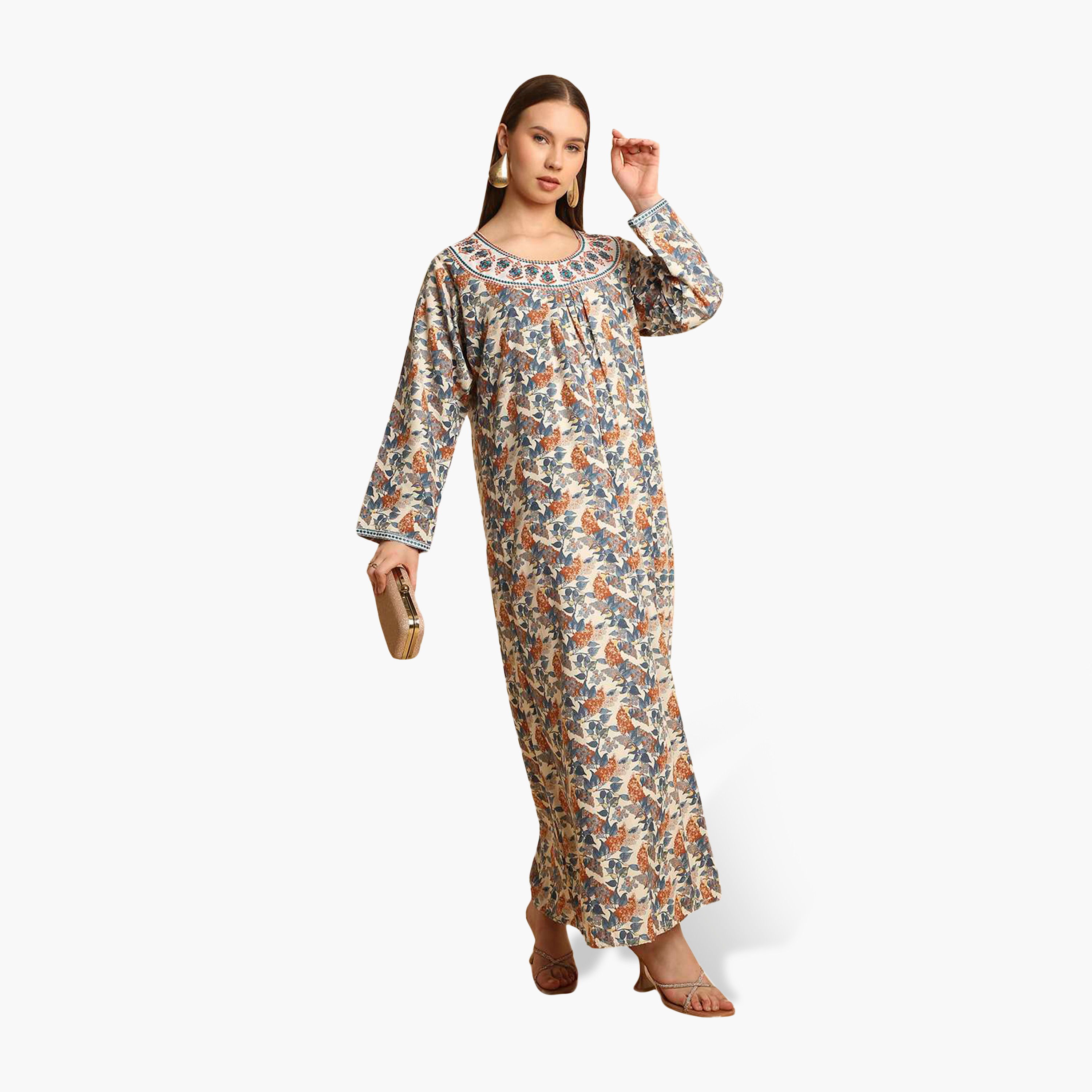 جلابية نسائية بياقة مطرزة وطبعة زهور من هنا أند سارة-women-arabicclothing-jalabiyas-image-9