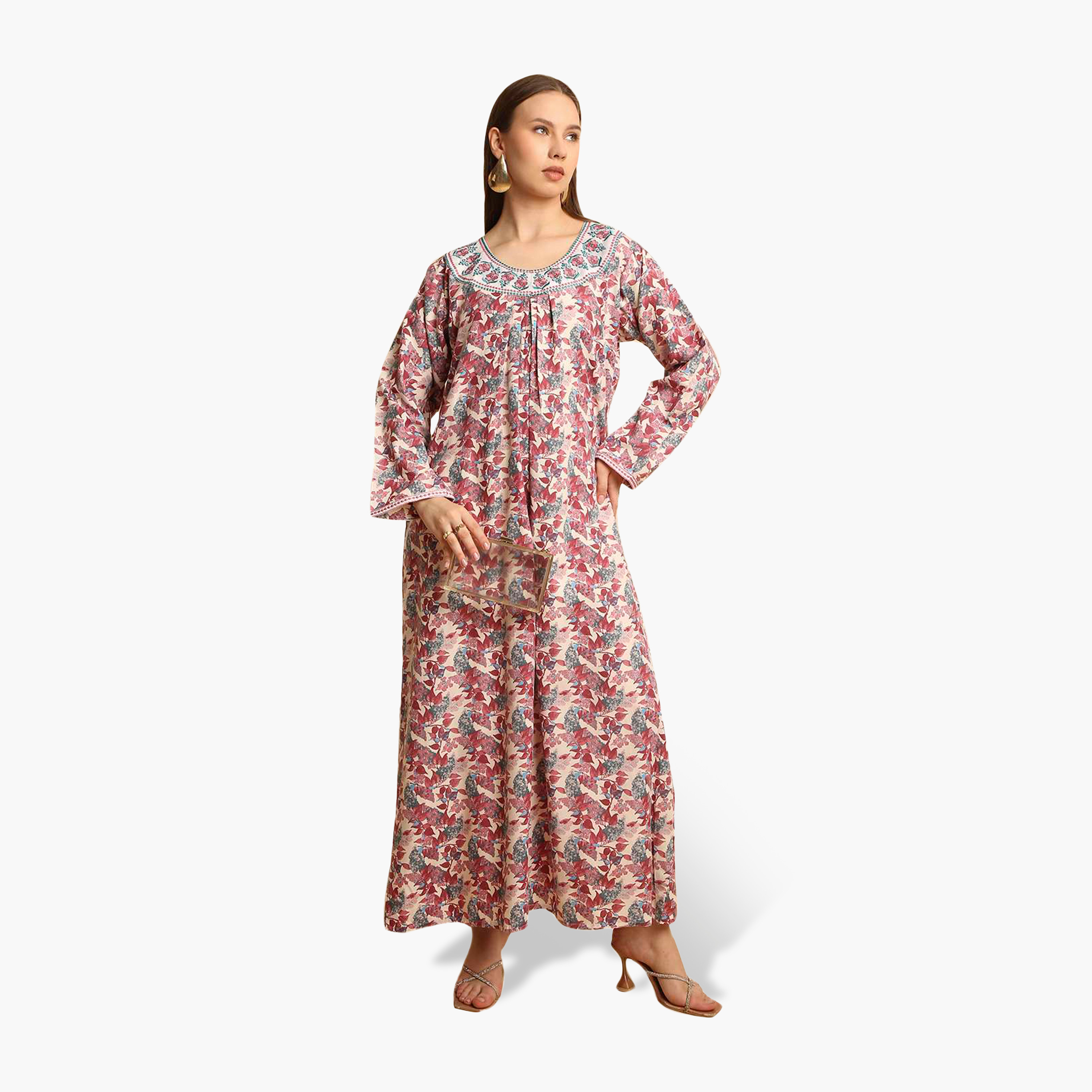 جلابية نسائية بياقة مطرزة وطبعة زهور من هنا أند سارة-women-arabicclothing-jalabiyas-image-1