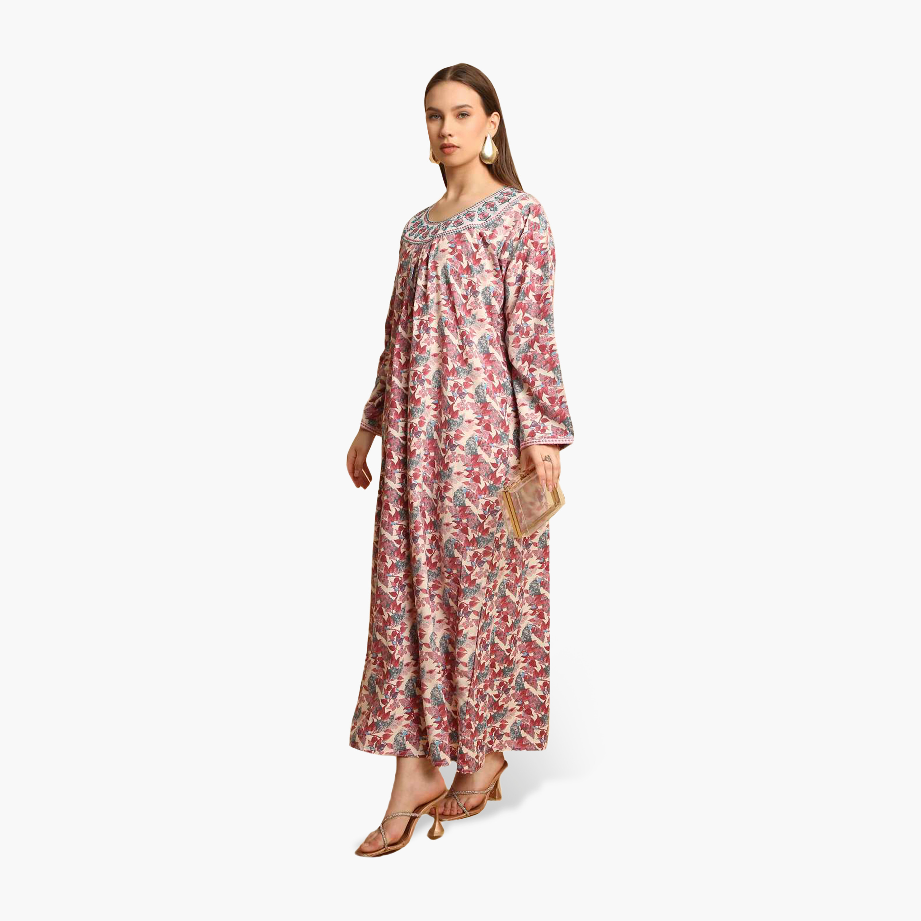 جلابية نسائية بياقة مطرزة وطبعة زهور من هنا أند سارة-women-arabicclothing-jalabiyas-image-3
