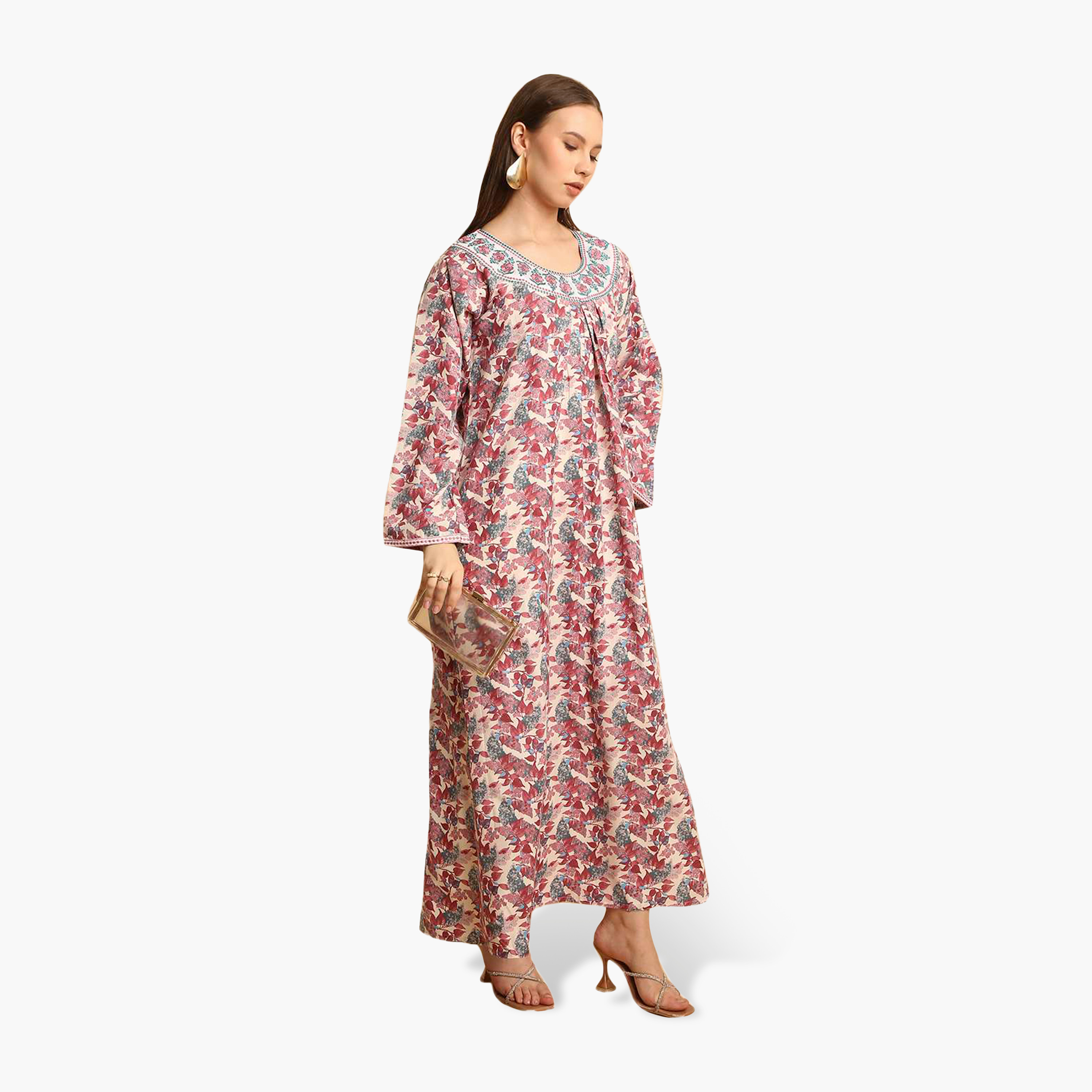 جلابية نسائية بياقة مطرزة وطبعة زهور من هنا أند سارة-women-arabicclothing-jalabiyas-image-4