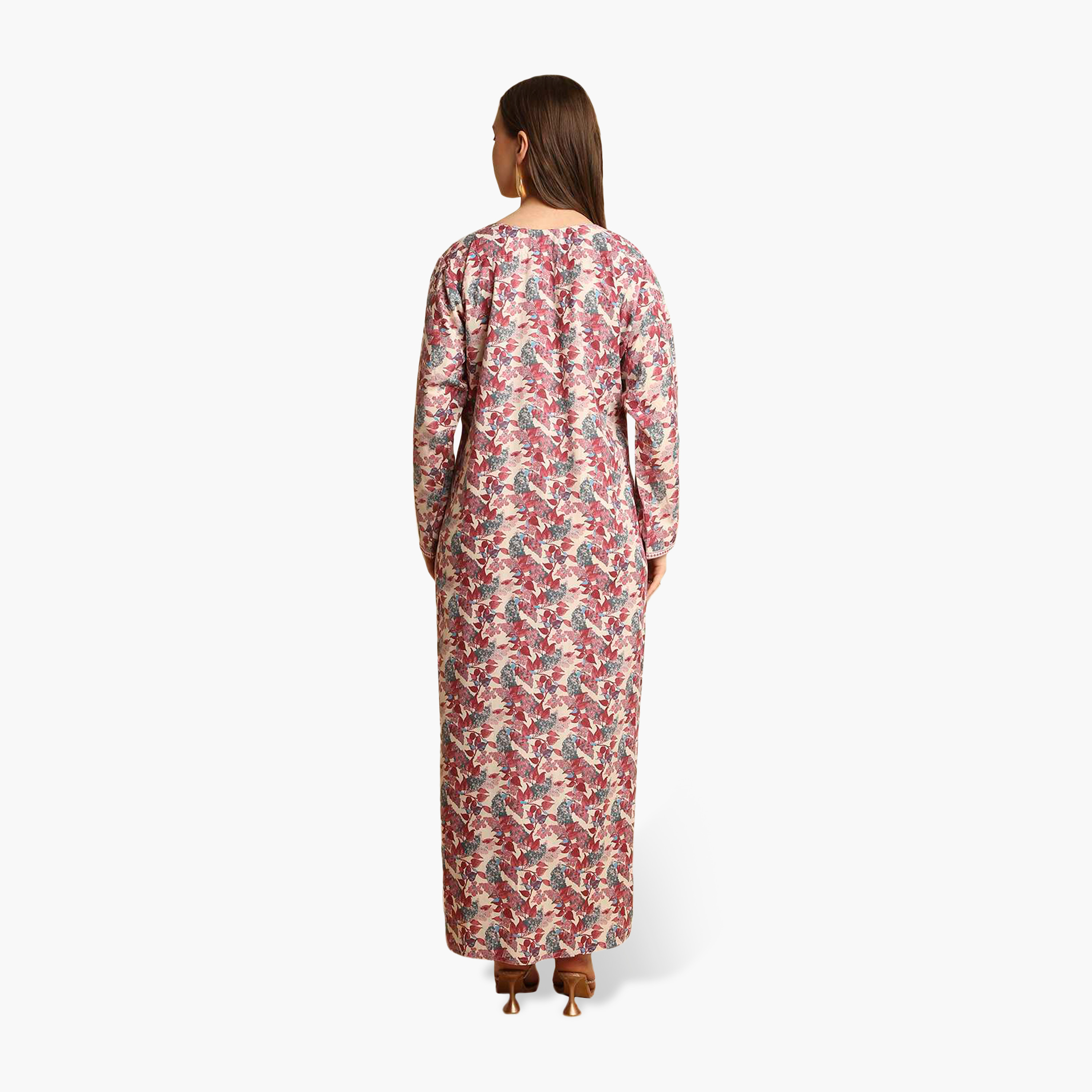 جلابية نسائية بياقة مطرزة وطبعة زهور من هنا أند سارة-women-arabicclothing-jalabiyas-image-5