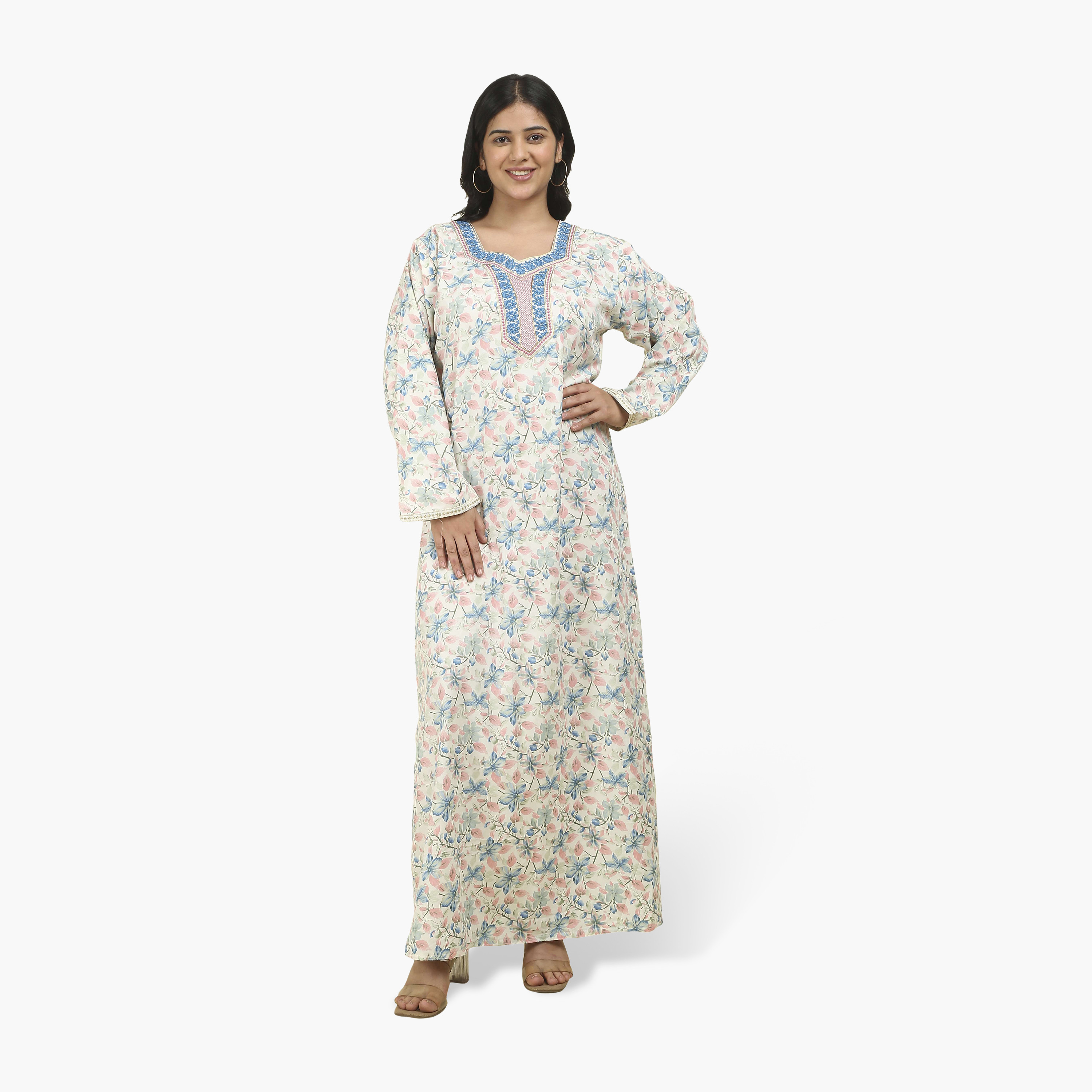 HanaandSara Embroidered Yoke Floral Print Women's Jalabiya-women-arabicclothing-jalabiyas-image-5