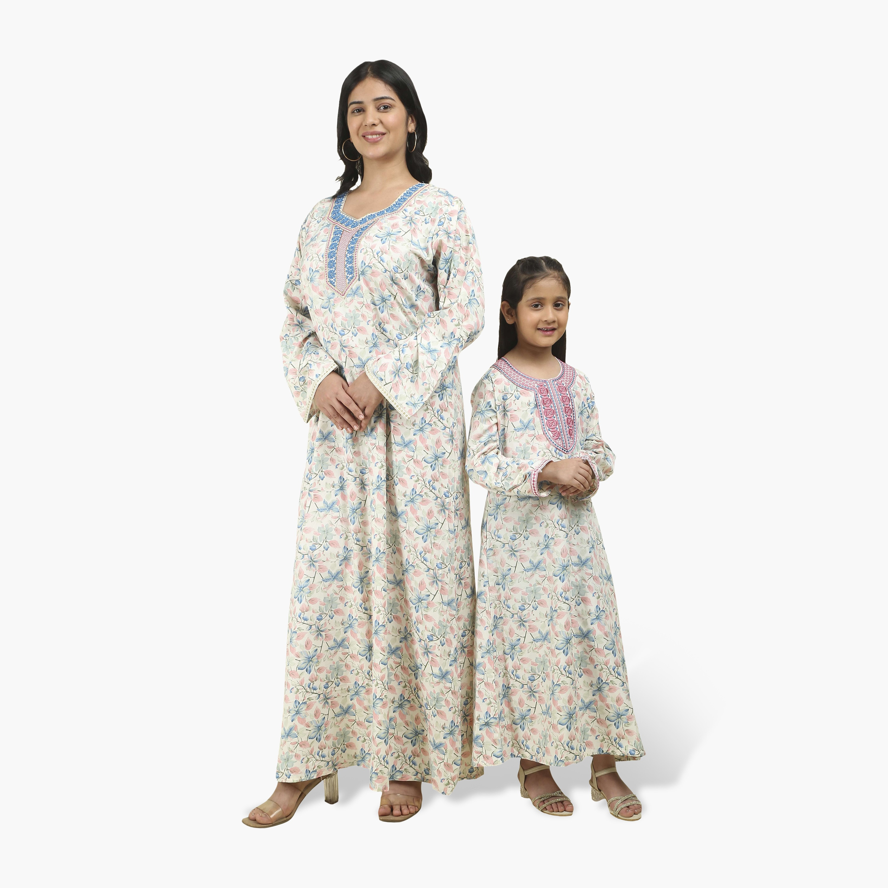 HanaandSara Embroidered Yoke Floral Print Women's Jalabiya-women-arabicclothing-jalabiyas-image-6