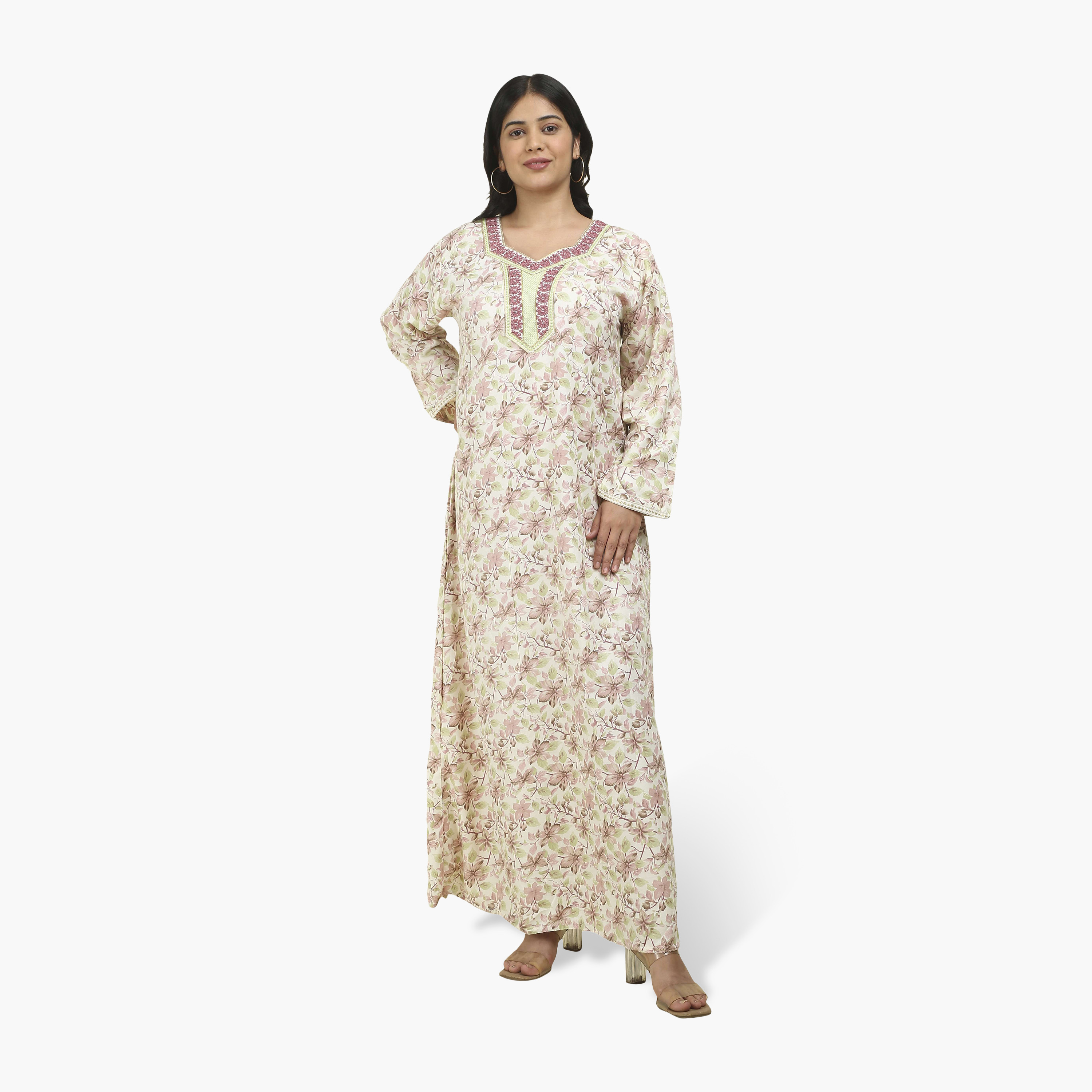 جلابية نسائية بصدرية مطرزة وطبعة زهور من هنا أند سارة-women-arabicclothing-jalabiyas-image-1