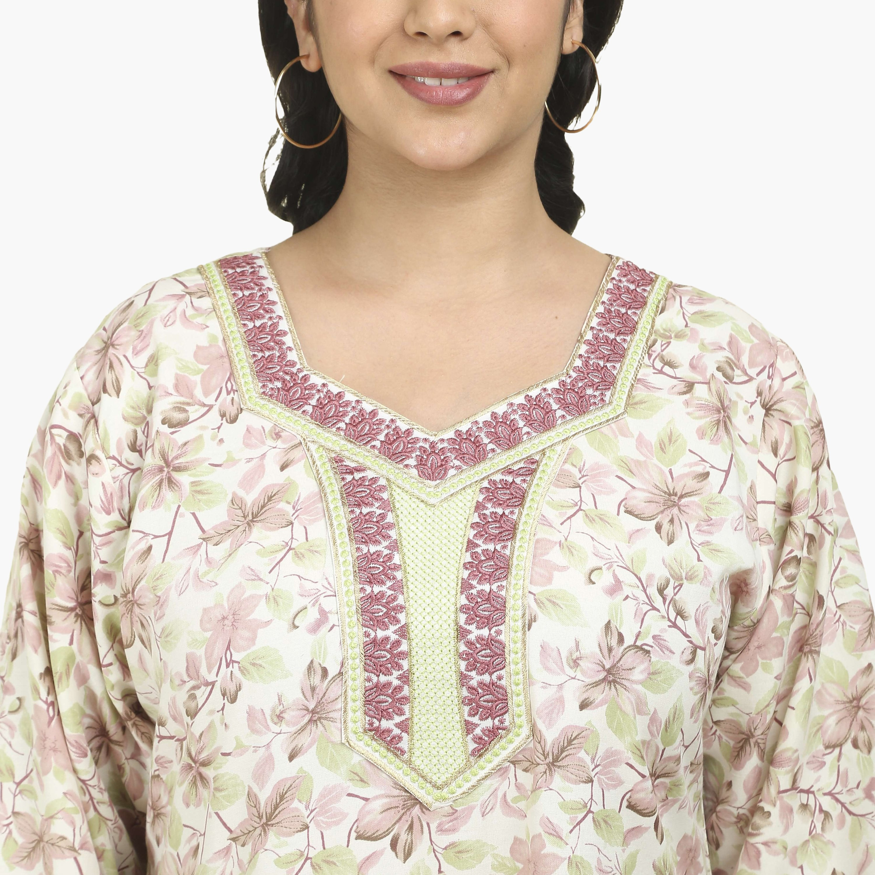 جلابية نسائية بصدرية مطرزة وطبعة زهور من هنا أند سارة-women-arabicclothing-jalabiyas-image-3