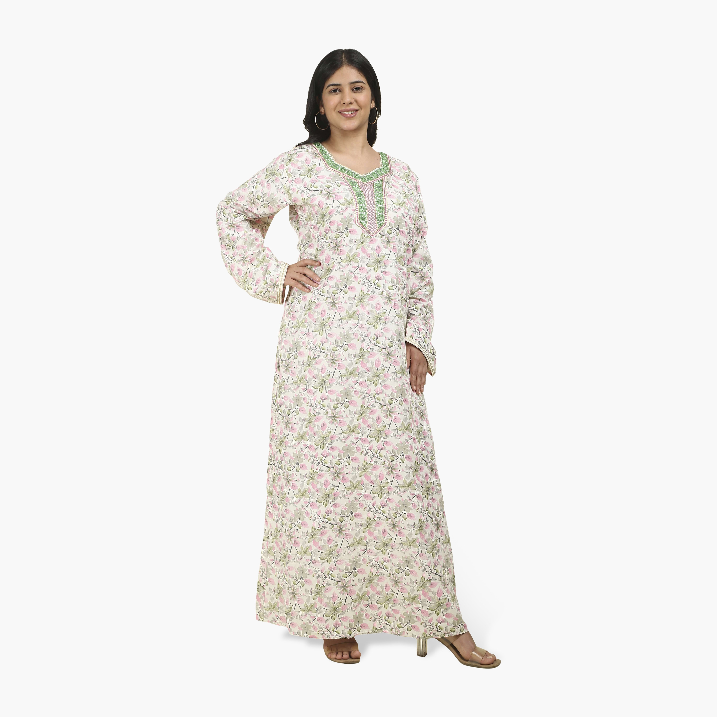 HanaandSara Embroidered Yoke Floral Print Women's Jalabiya-women-arabicclothing-jalabiyas-image-1