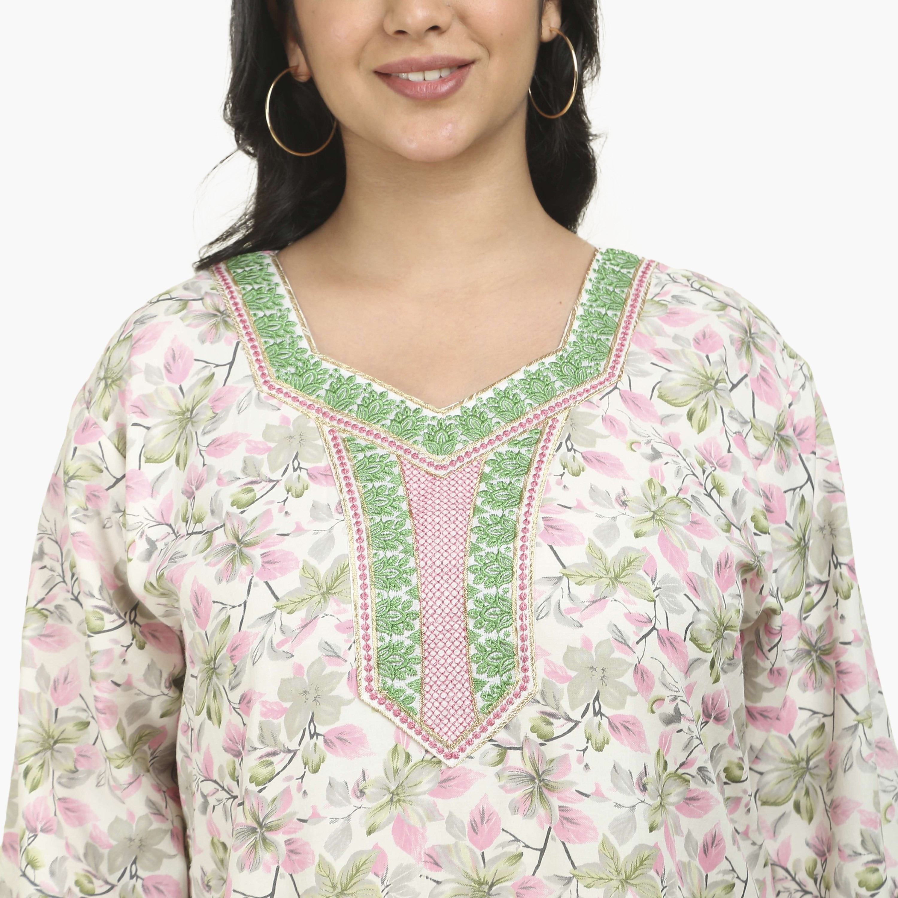 HanaandSara Embroidered Yoke Floral Print Women's Jalabiya-women-arabicclothing-jalabiyas-image-3