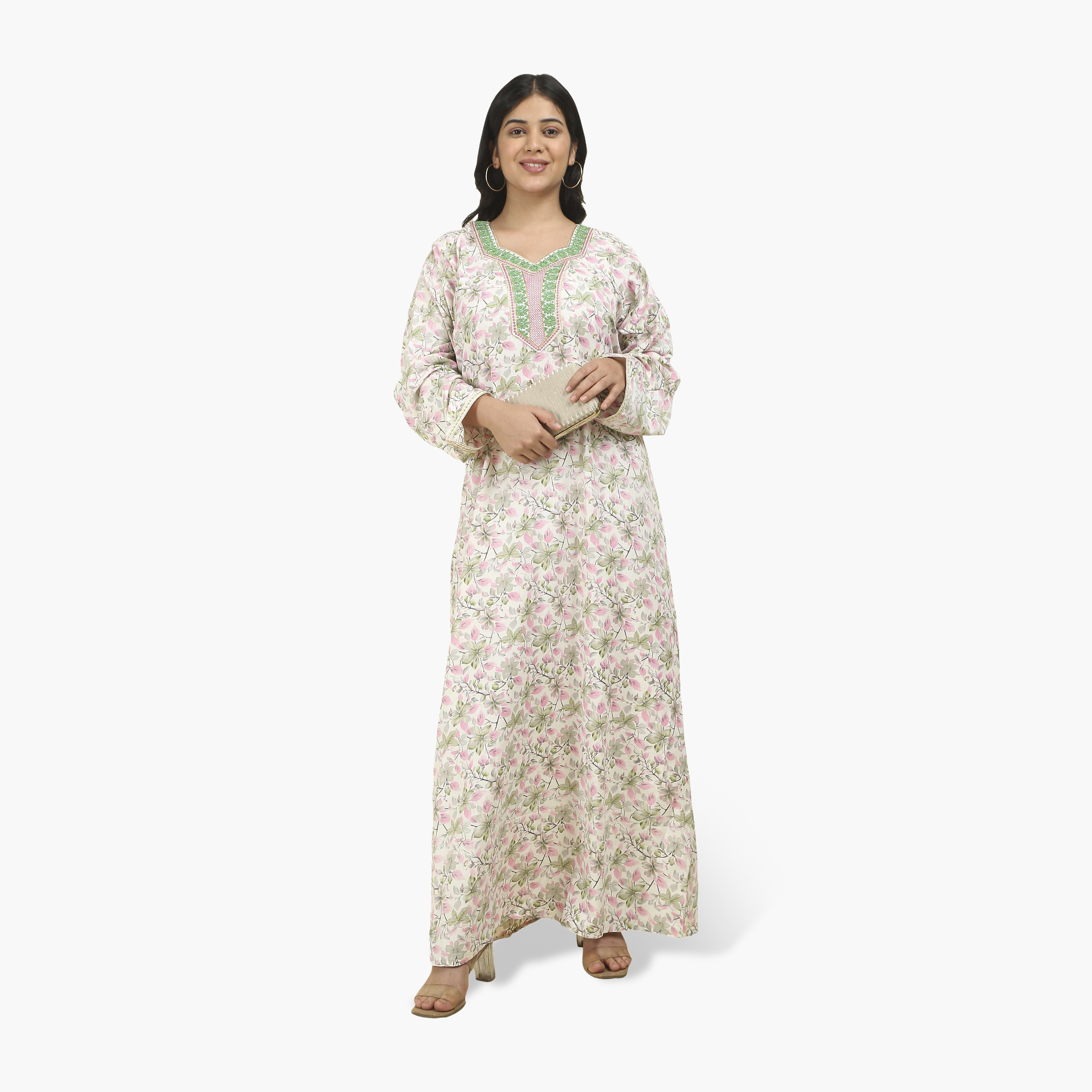 HanaandSara Embroidered Yoke Floral Print Women's Jalabiya-women-arabicclothing-jalabiyas-image-4