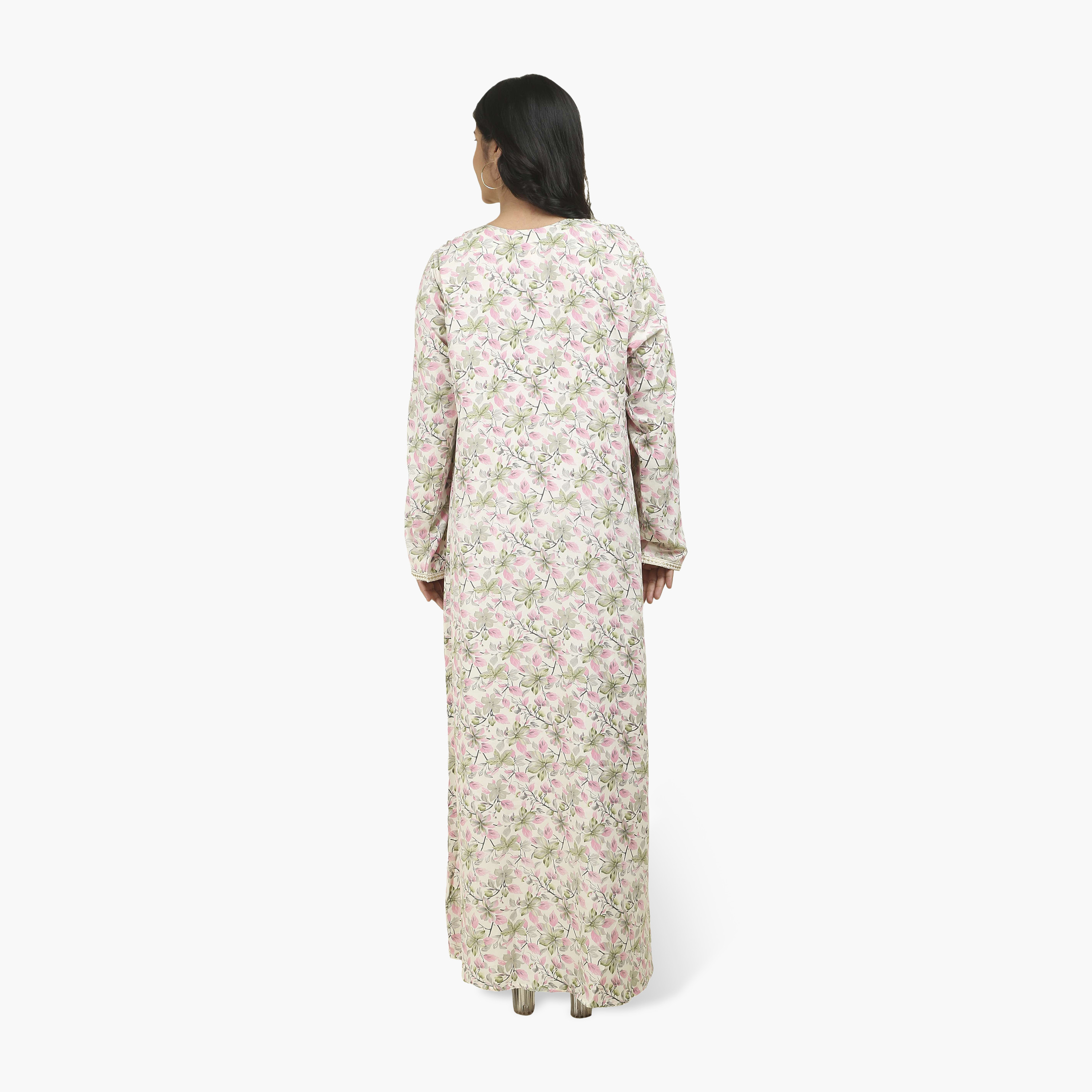 HanaandSara Embroidered Yoke Floral Print Women's Jalabiya-women-arabicclothing-jalabiyas-image-5