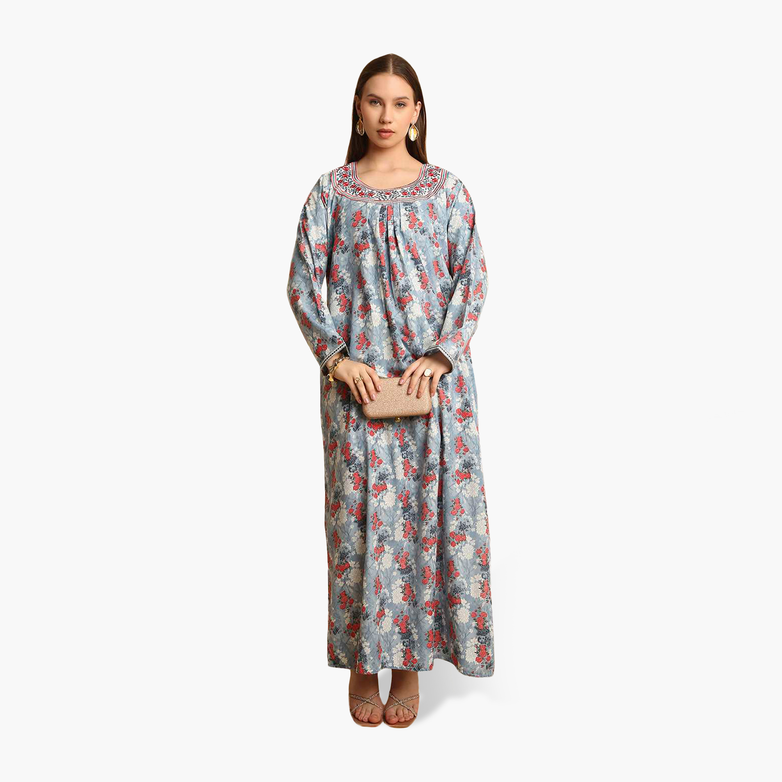 جلابية نسائية بياقة مطرزة وطبعة زهور من هنا أند سارة-women-arabicclothing-jalabiyas-image-11